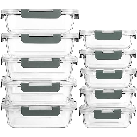 10-PackGlass Meal Prep and Food Storage Containers with Lids-MCIRCO with Lifetime Lasting Snap Locking Lids, Airtight Lunch Containers, Microwave, Oven, Freezer and Dishwasher