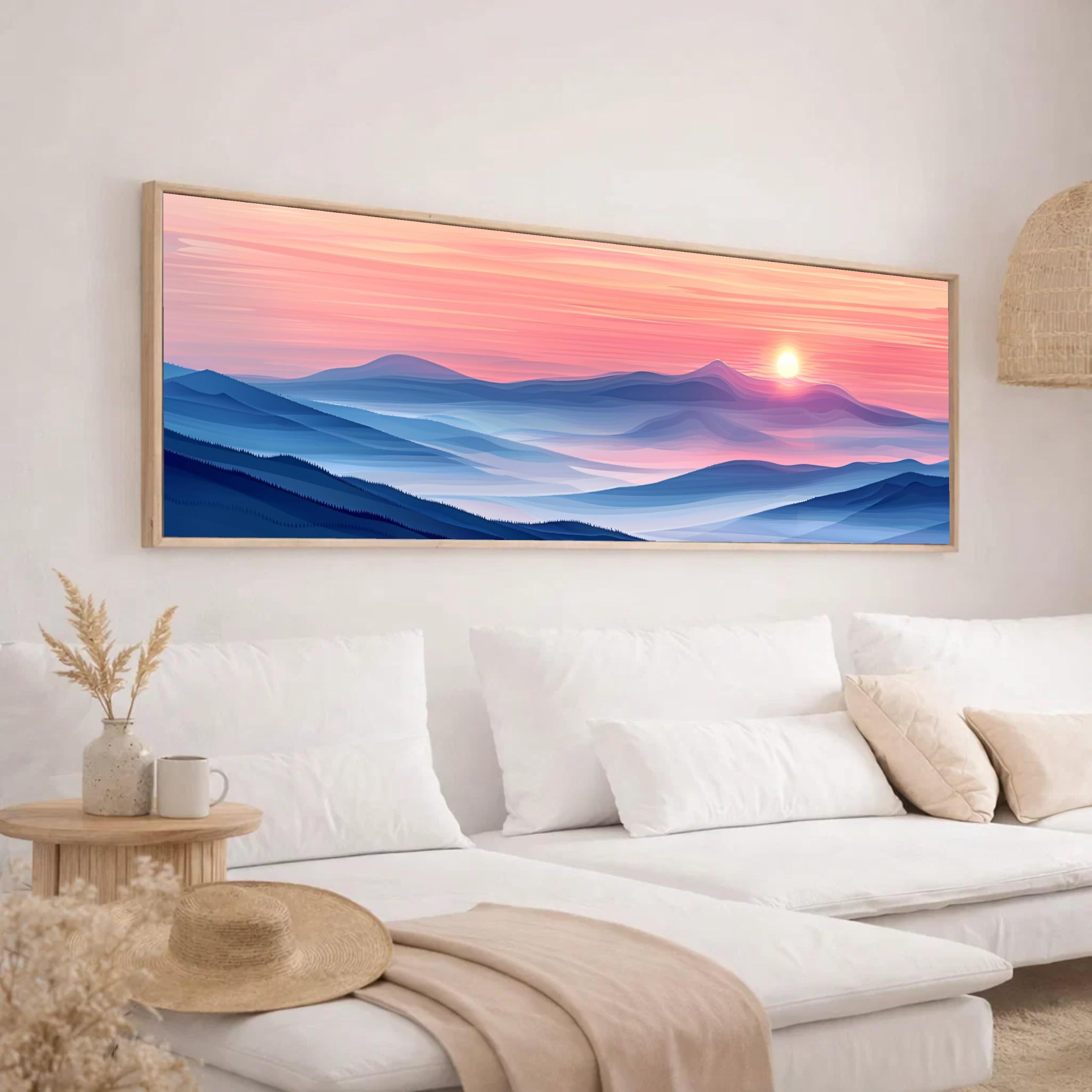 Lmycheng Frameless Tranquil Sunrise Canvas Painting, Layered Blue Mountains Wall Art, Abstract Landscape Posters, Nature Scenery Decor(35X105cm/Frameless)