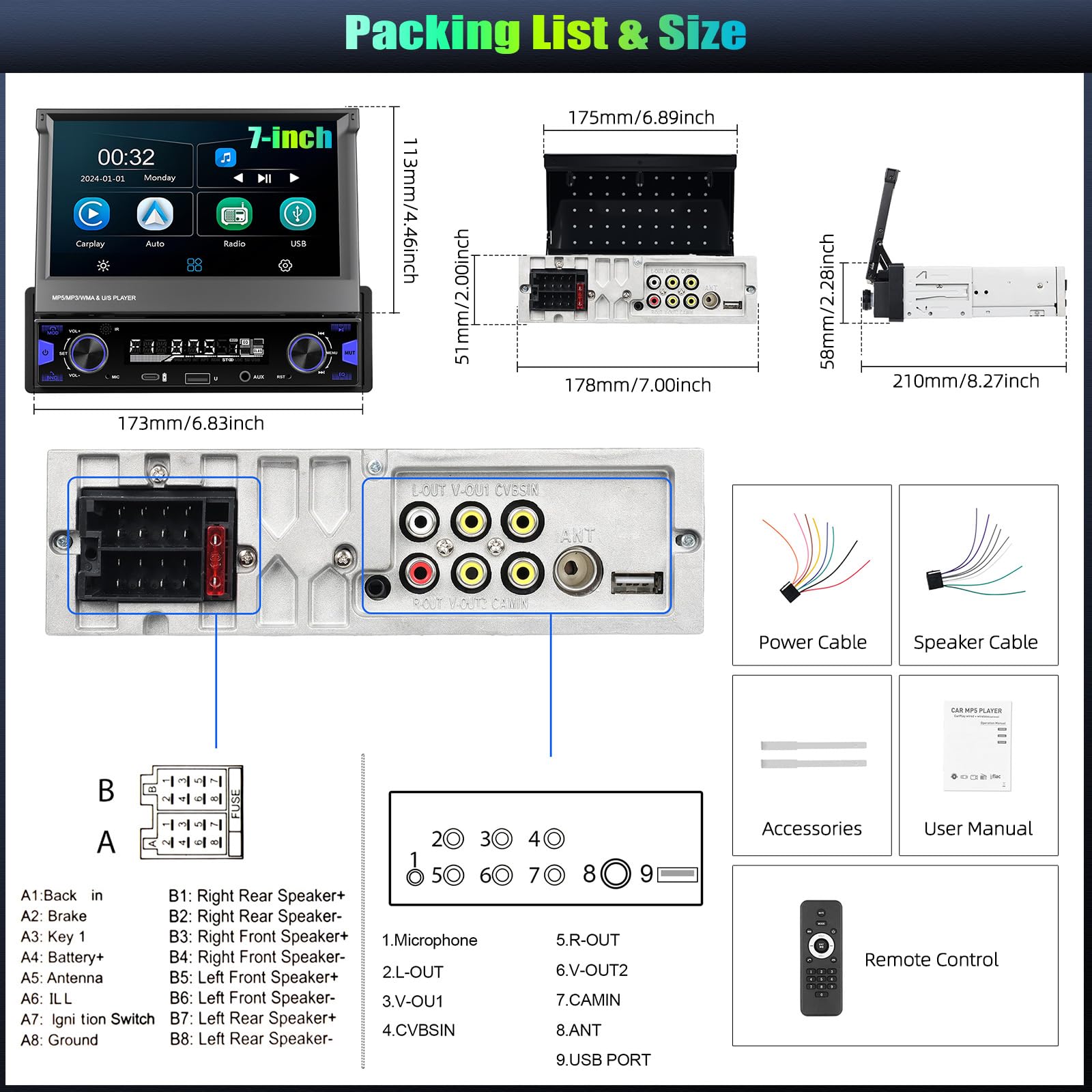 CAMECHO Radio de Coche 1 Din con Pantalla Táctil HD Inalámbrica Carplay, 7 Pulgadas Pantalla Retráctil Manual de Radio Bluetooth con Android Auto FM/AM/RDS Manos Libres Mirror Link Control del Volante
