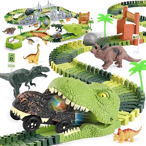 Juego de 174 piezas de pistas flexibles con 2 autos de dino crea una carrera mundial de dinosaurio incluye 8 figuras de dinosaurio cabeza de