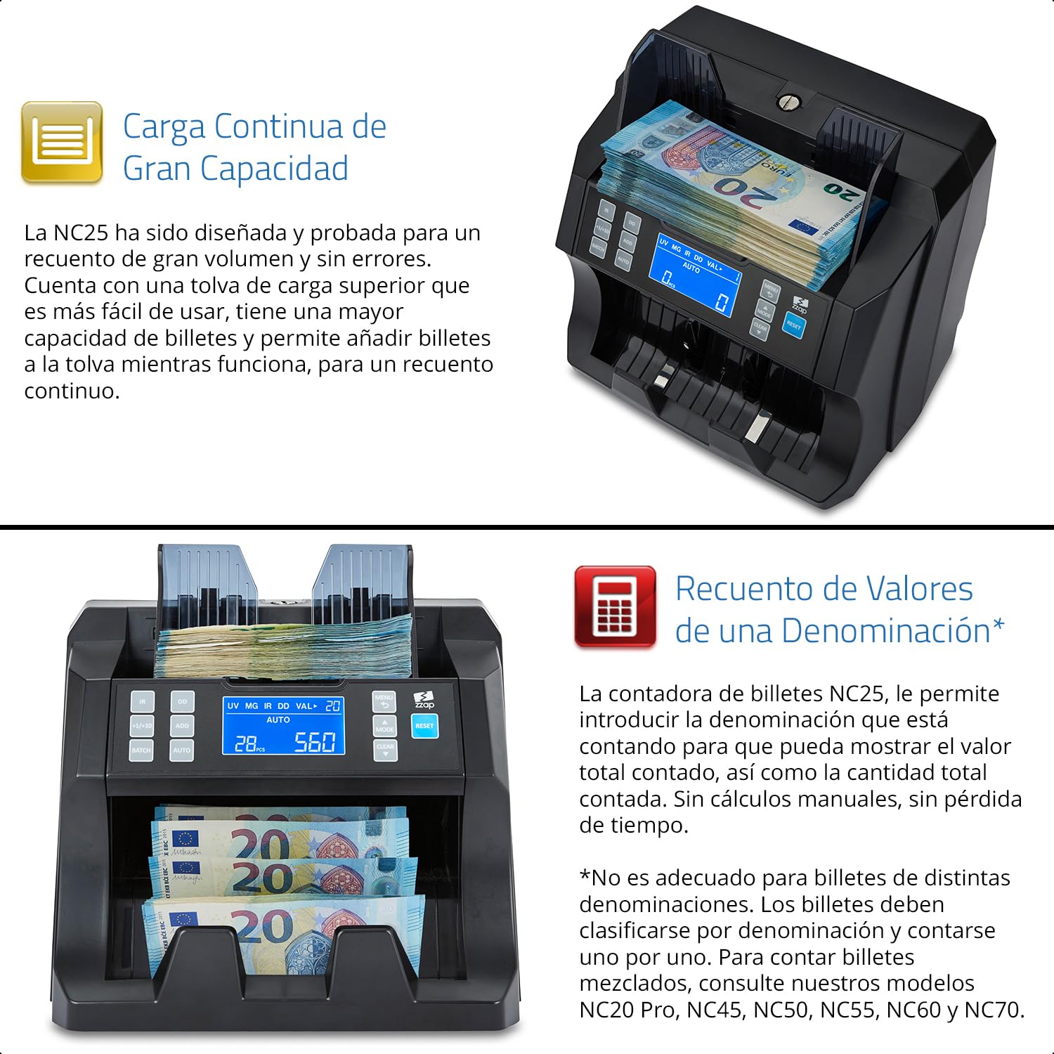 ZZap NC25 Contadora de billetes y detector de falsificaciones – Máquina de efectivo y divisas