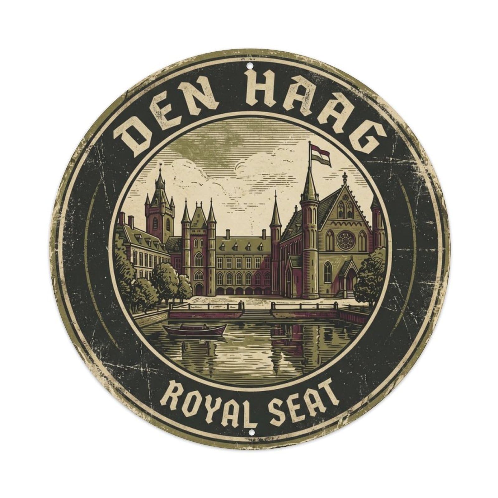 Vintage Travel Binnenhof Parliament Hague Metal Tin Sign Plaque Wall Decor for Cafe, Club Bar, Office, Home Garden Round Metal Poster 8x8Inch