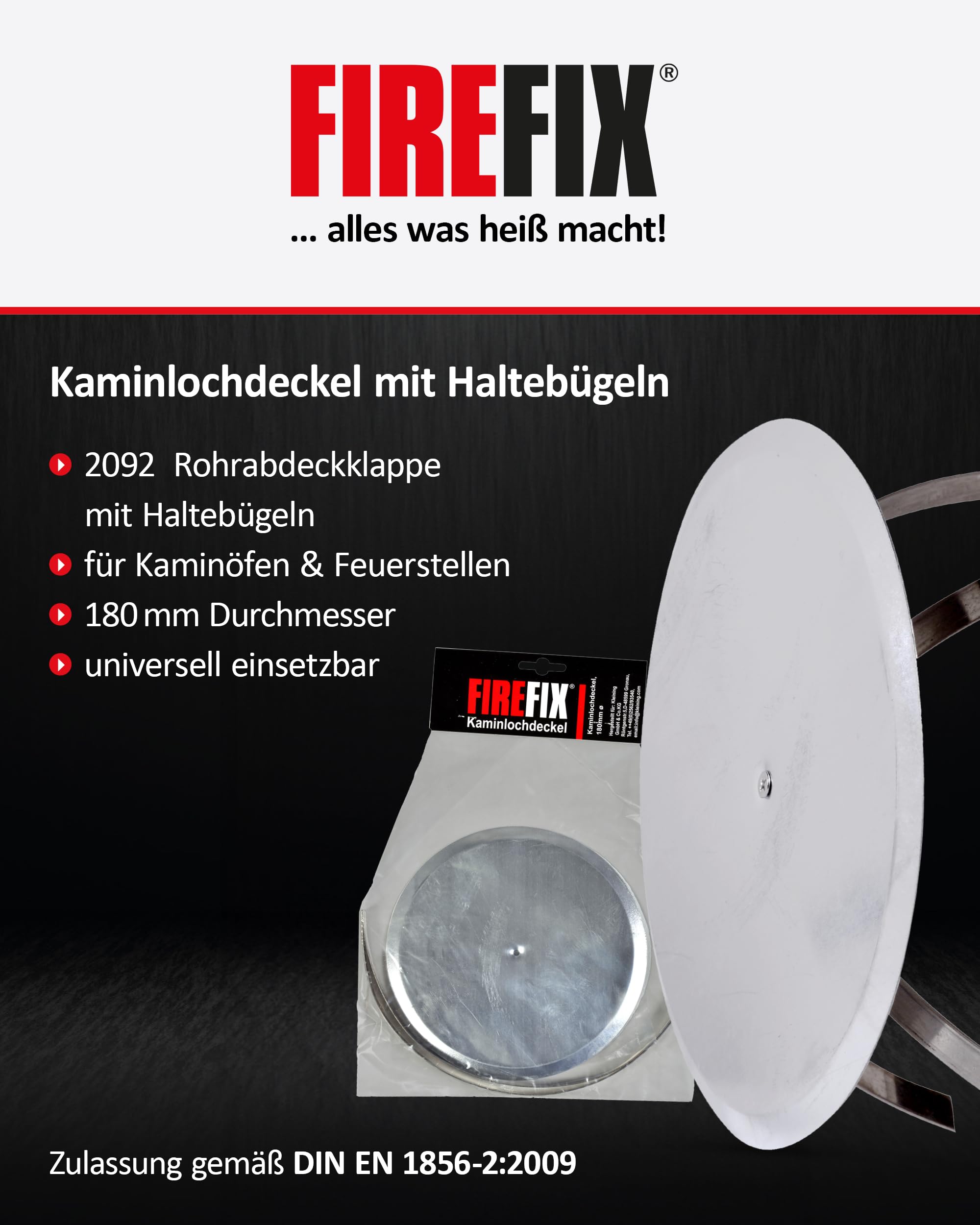 FIREFIX 2092 Pokrywa otworu kominowego I osłona komina do przyłączy kominowych I uniwersalne zastosowanie do podłączenia do ø 180 mm I klapa pokrywy rury z uchwytami mocującymi