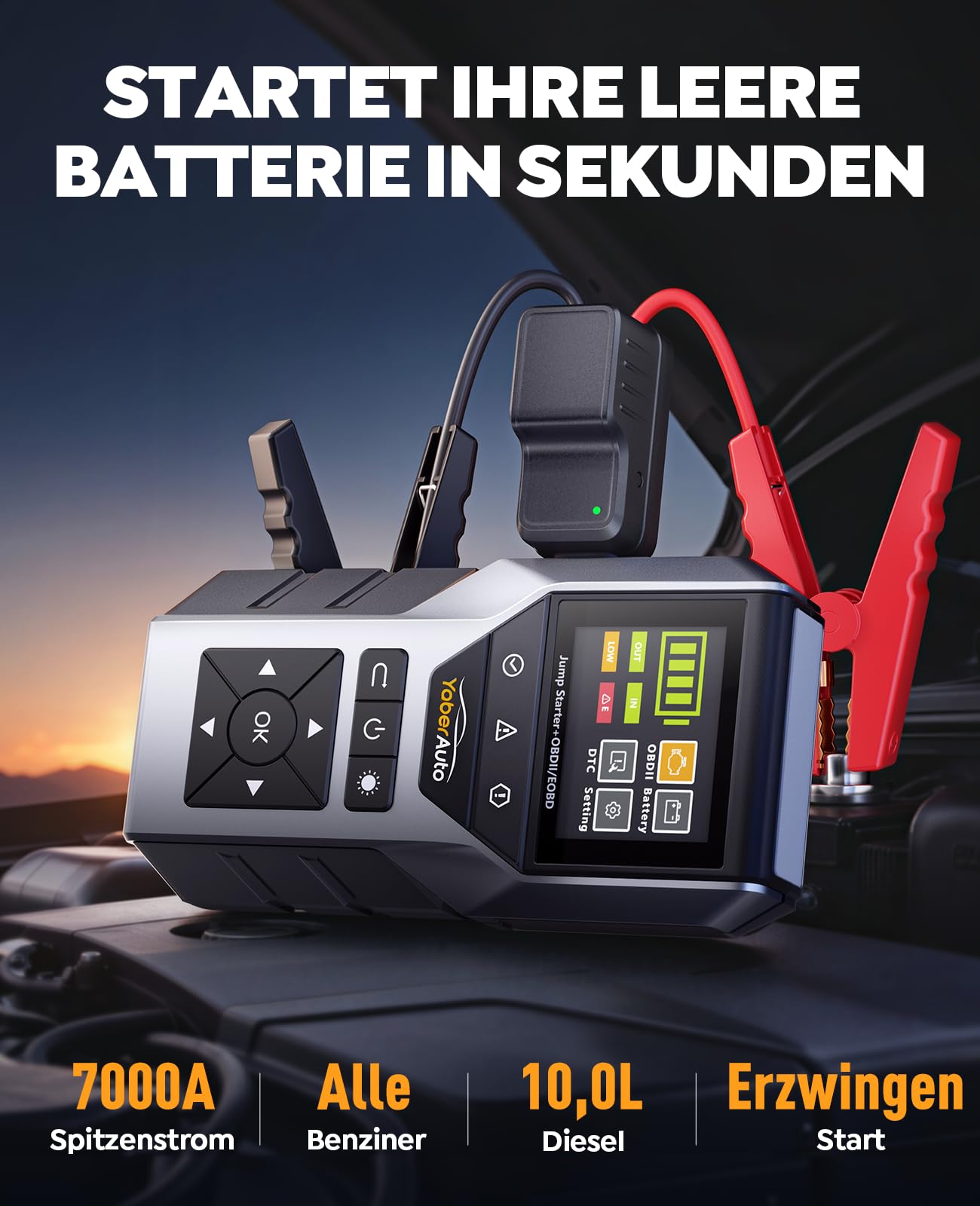 YaberAuto Starthilfe Powerbank für Pkw mit OBD2 Diagnosegerät ＆ Autobatterie Tester, 7000A Starthilfe Powerbank für All Benzin/10,0L Diesel, 16800mAh Starter Powerbank mit Starthilfekabel, LED-Licht