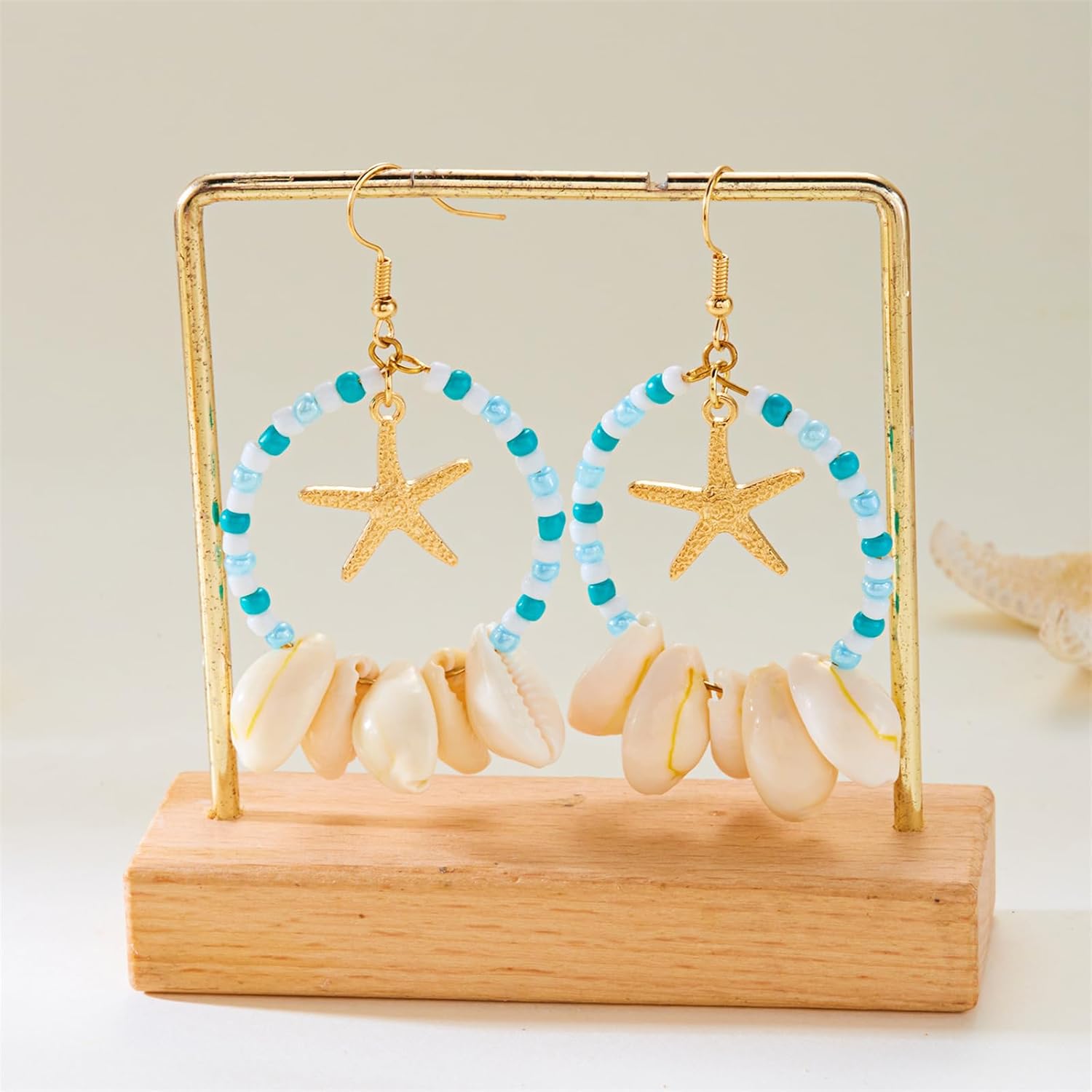 Boho Starfish Shell Dangle Earrings for Women,Vintage Pearl Conch Geometric Circle Drop Earring Summer Beach Holiday Party Jewelry - Image 3