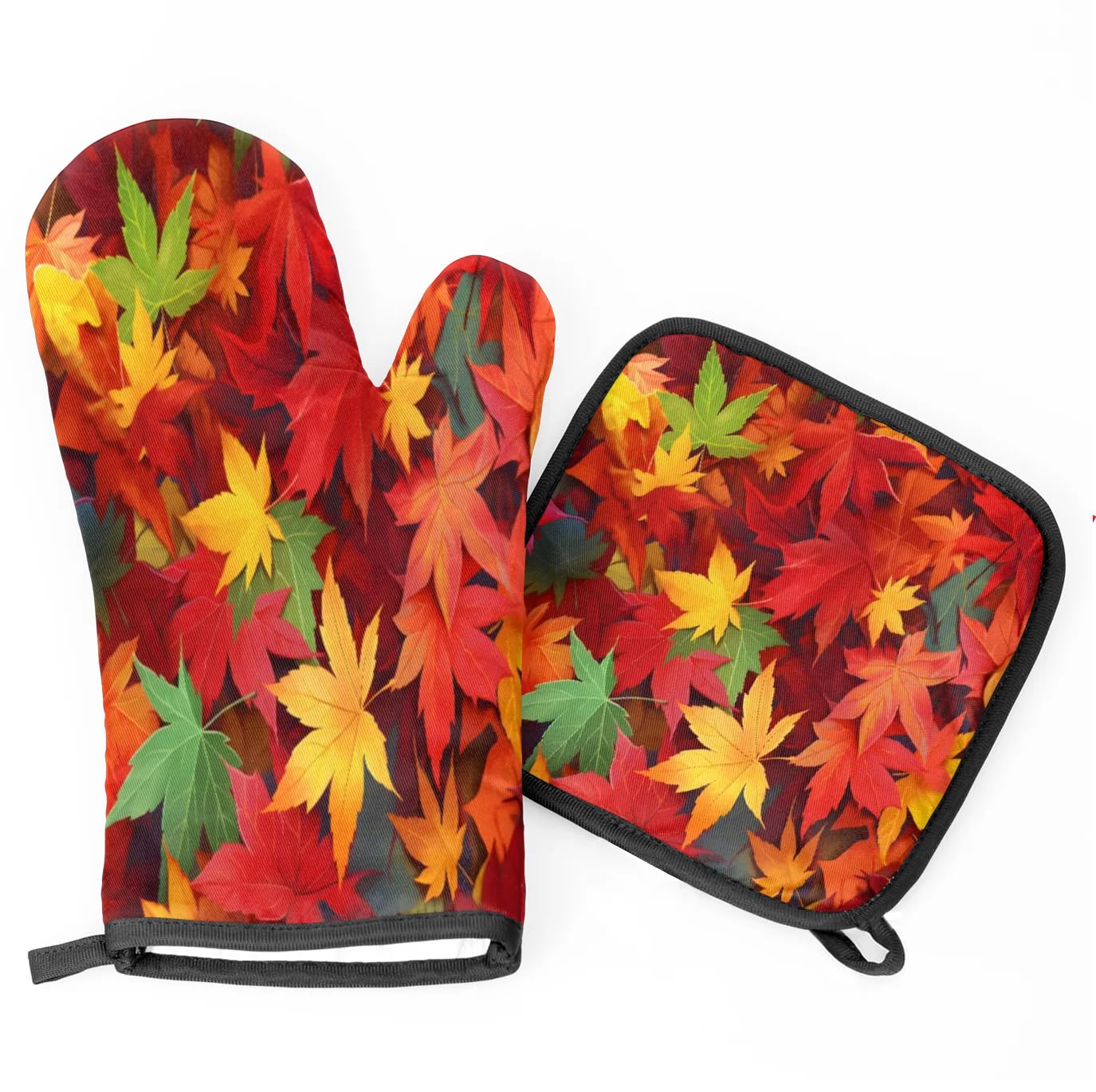 Colorful Maple Leafs Oven Mitts Kitchen Oven Gloves for Cooking Baking Heat Proof Lining Cotton Kitchen Potholder Mittens Pot Holders Hot Pads for Chef Women Men