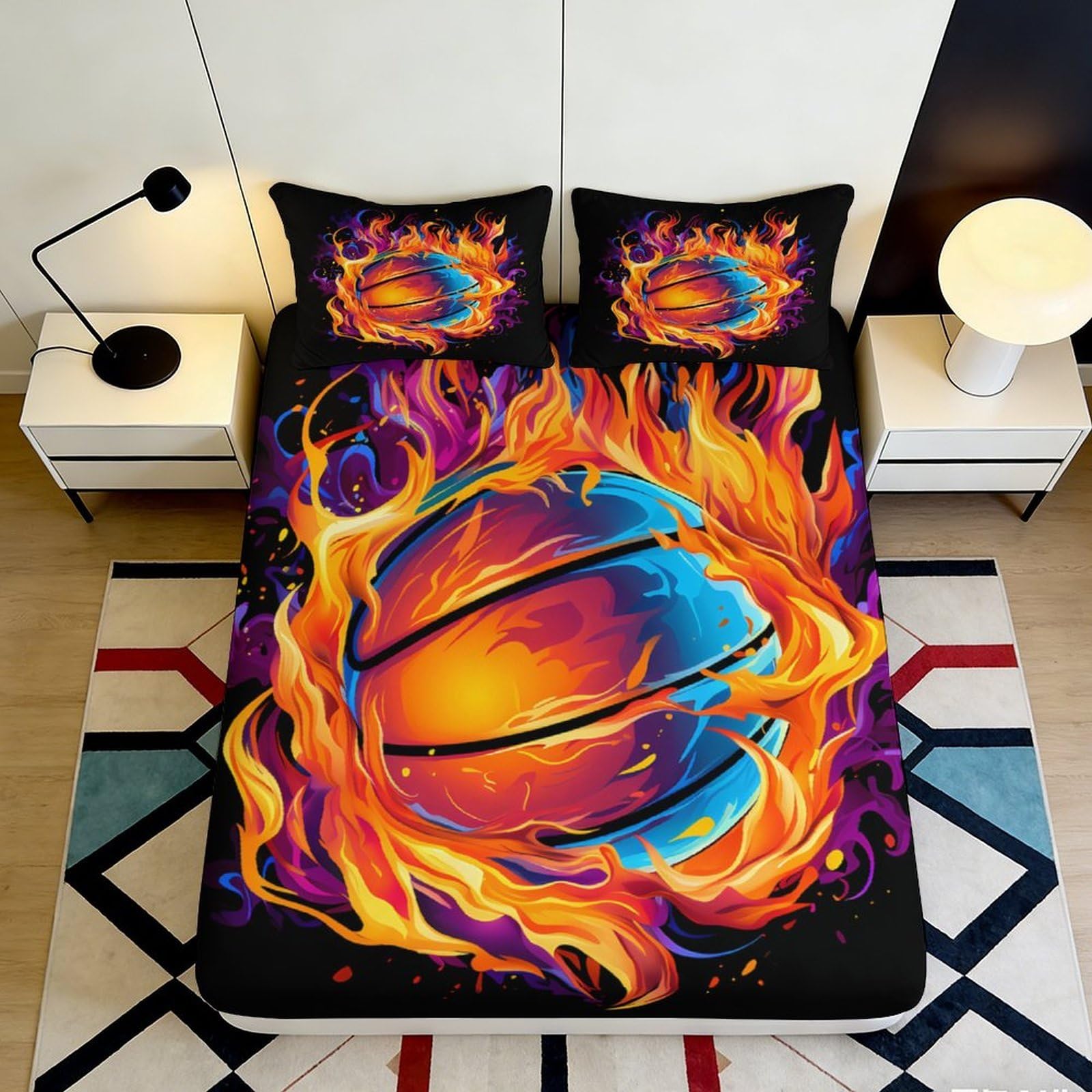 Dhbaneiok Style-4 3D Printed Fire Basketball Fitted Sheet Microfiber Soft Orange Flame Mattress Cover For Bedroom Dorm Room Decor 90X200x25cm