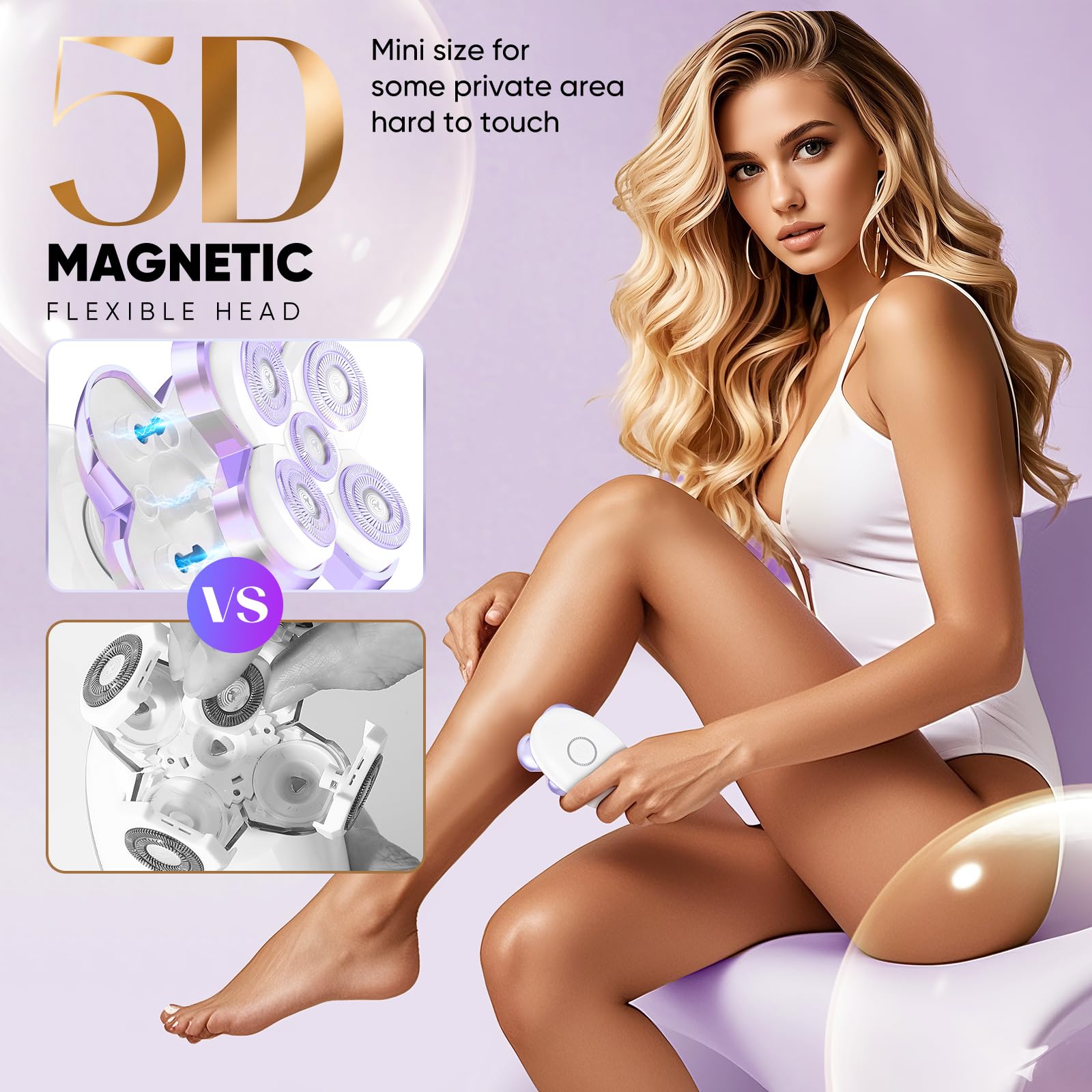 Rasoi elettrici da donna - Rasoio elettrico aggiornato per donne con testine magnetiche, kit di rimozione dei peli rotativo per gambe bikini viso, trimmer da donna per pelli sensibili, staccabile e