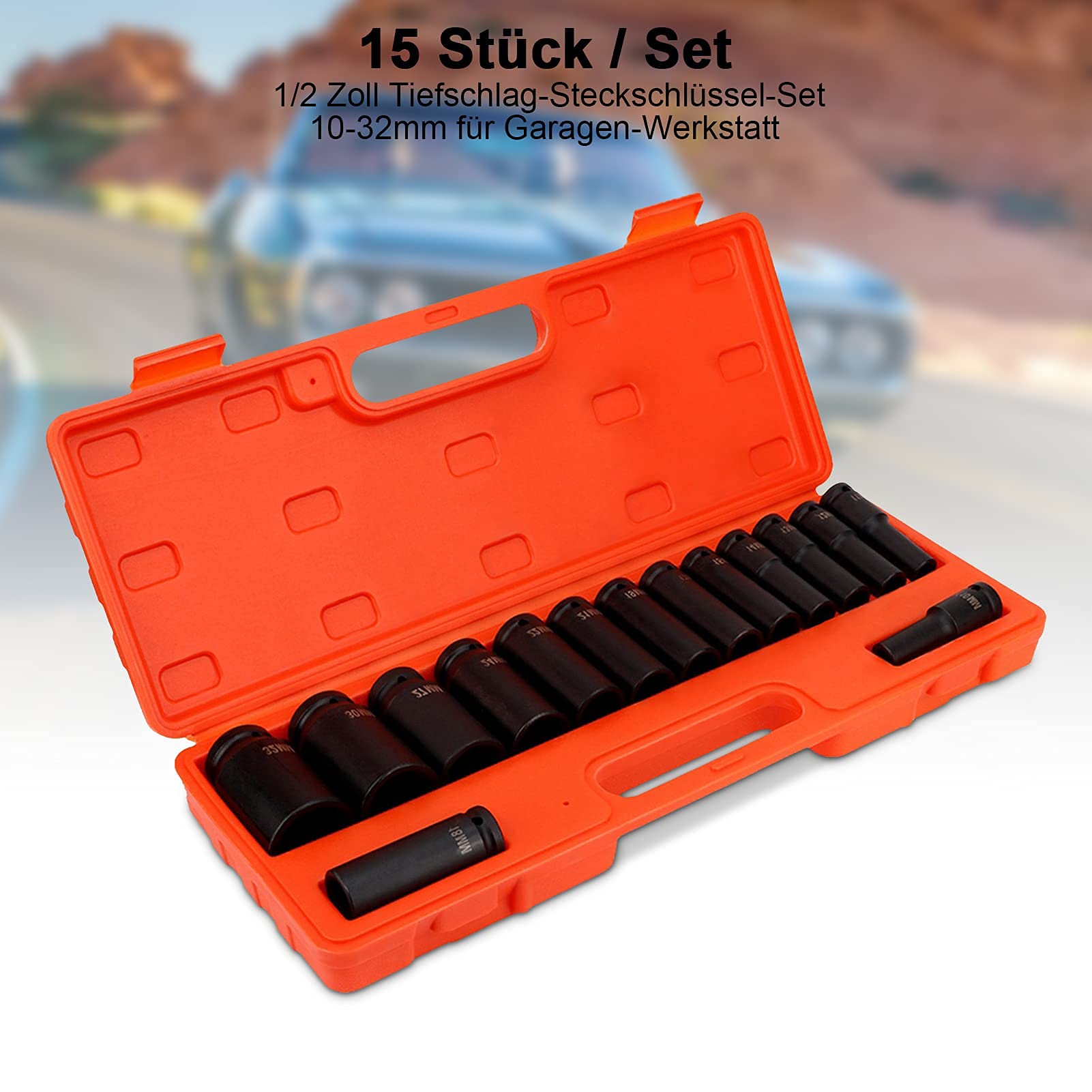 TOPTUL Set di Chiavi a Impulsi, 15 Pezzi, 1/2 Pollici, Bussole a Impatto Profondo in Acciaio al Carbonio 10-32 mm, con Coperchio in Plastica, per Officina
