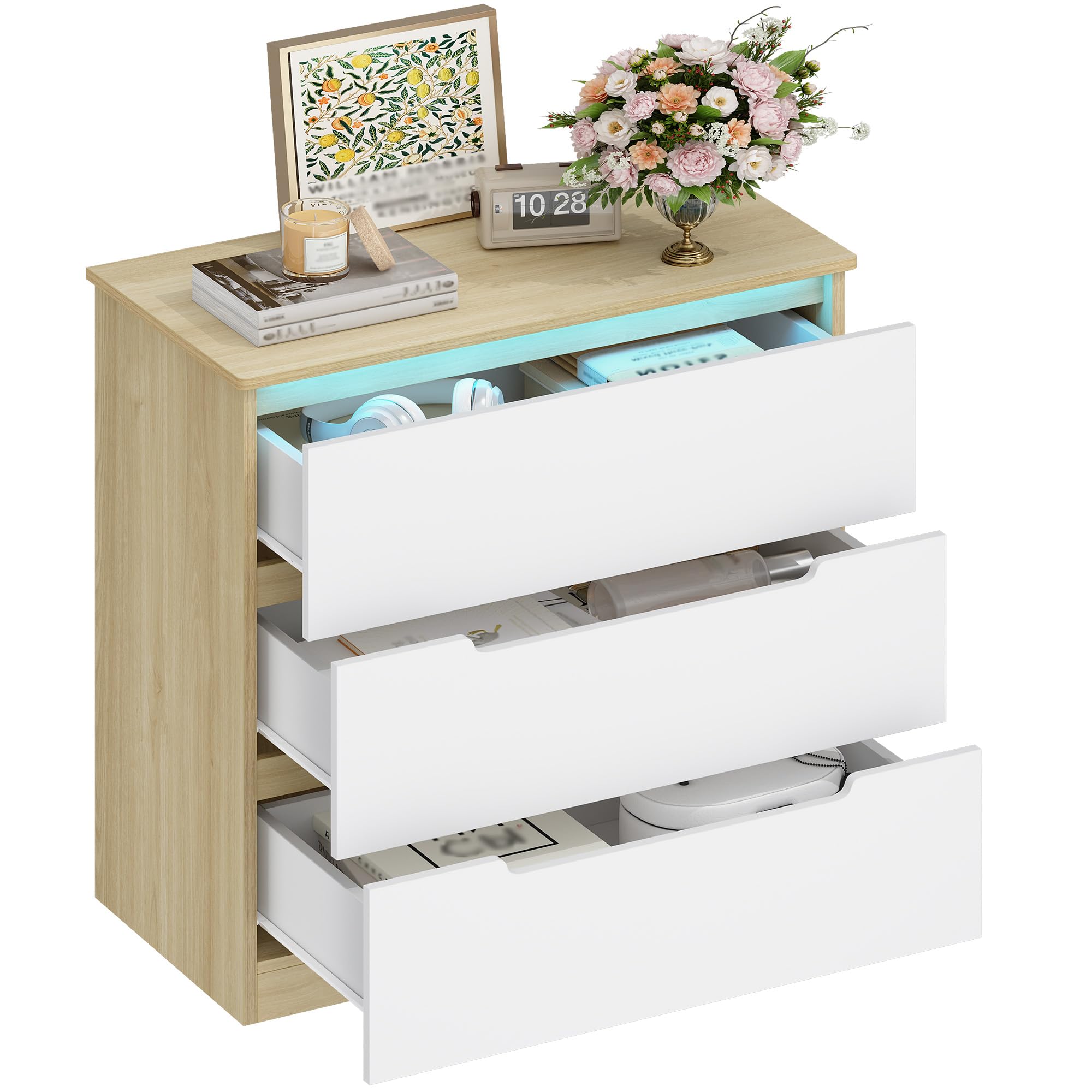 Hzuaneri Cassettiera, 3 Cassetti, Cassettiera Camera da Letto con Striscia Luminosa a LED, Stile Moderno, Adatto per Soggiorno, Camera da Letto, Corridoio, 40 x 70 x 80 cm, Bianco-Rovere EDC01331XEU