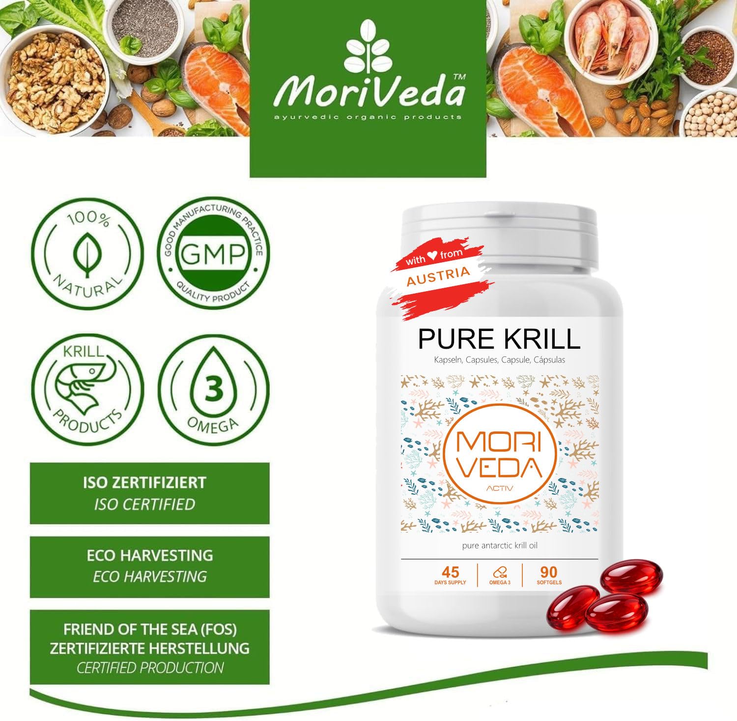 Capsules d'huile de krill - 1000mg d'huile de krill PURE pendant 135 jours - avec astaxanthine oméga 3-6 EPA DHA phospholipides de choline - Moriveda 3x 90 capsules