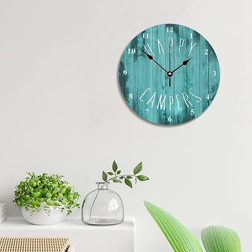 Miniatura 3 de Happy Campers - Reloj de pared turquesa para jubilación, casa rodante, camping, reloj de madera de 10 pulgadas, silencioso, sin tictac, funciona con