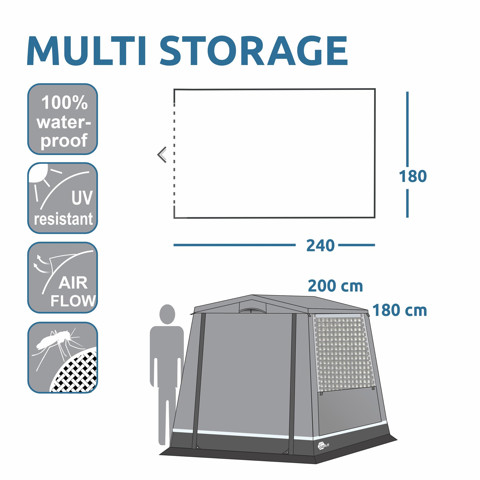 Your GEAR tenda Trient Multi Storage – Attrezzatura da cucina, tenda impermeabile, 240 x 180 x 200 cm, 2 finestre, UV 50+, adatta per l'inverno, tetto e pareti in PVC