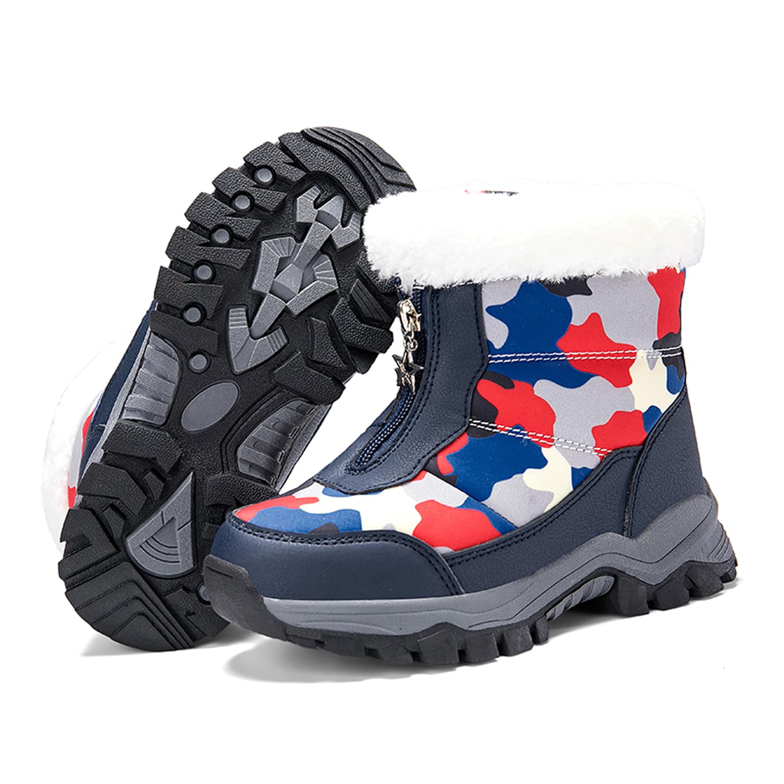 Kids’ Waterproof Camouflage Winter Boots - Soft Plush Fleece-Lined, Anti-Slip Outdoor Snow Boots for Boys and Girls - Zipper Closure Warm Insulated Hiking Footwear-Blue 28