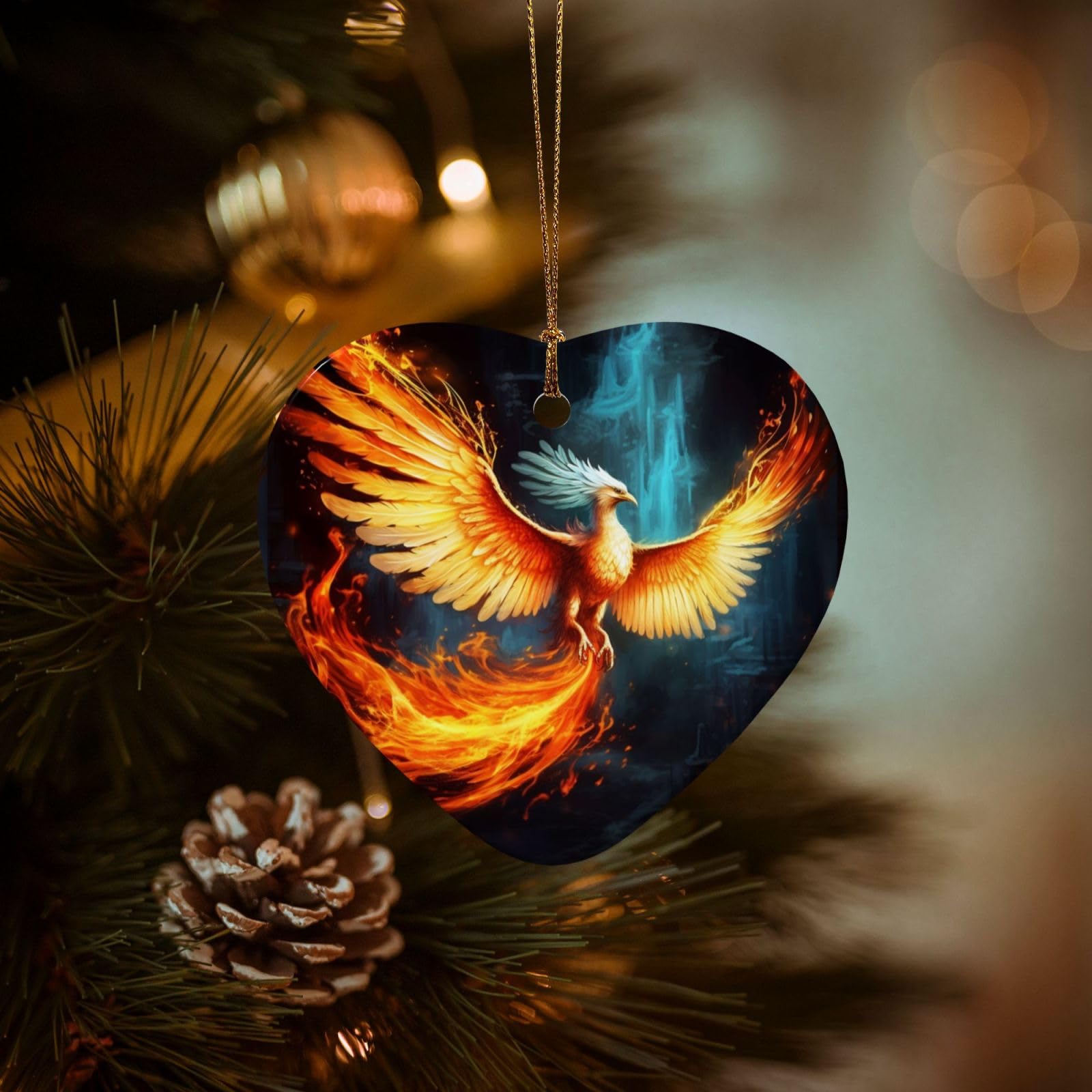 Christmas Ornaments for Christmas Tree Decoration Hanging Beautiful Phoenix Ornament with Gold Ribbon Crafts Heart Shape Ceramic Pendant for Keepsake Gifts Xmas Decor Party Supplies