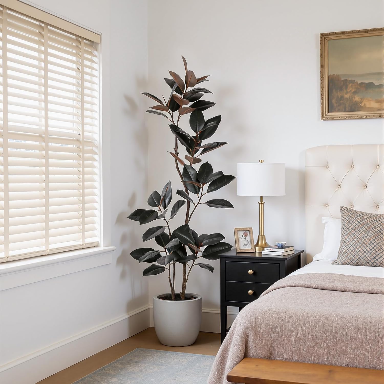 Artificial Rubber Tree 5FT Tall Faux Plants Indoor Artificial Trees Potted - Fake Tree with White Planter Large Floor Plant for Home Office Room Outdoor Decor