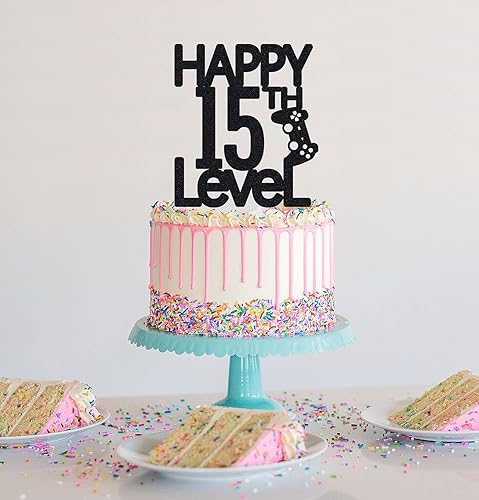 Miniatura 4 de Grad ao Decoración de pastel de cumpleaños de nivel 15 para niños, decoración de fiesta temática de videojuegos de 15 años, hecha a mano (negro)