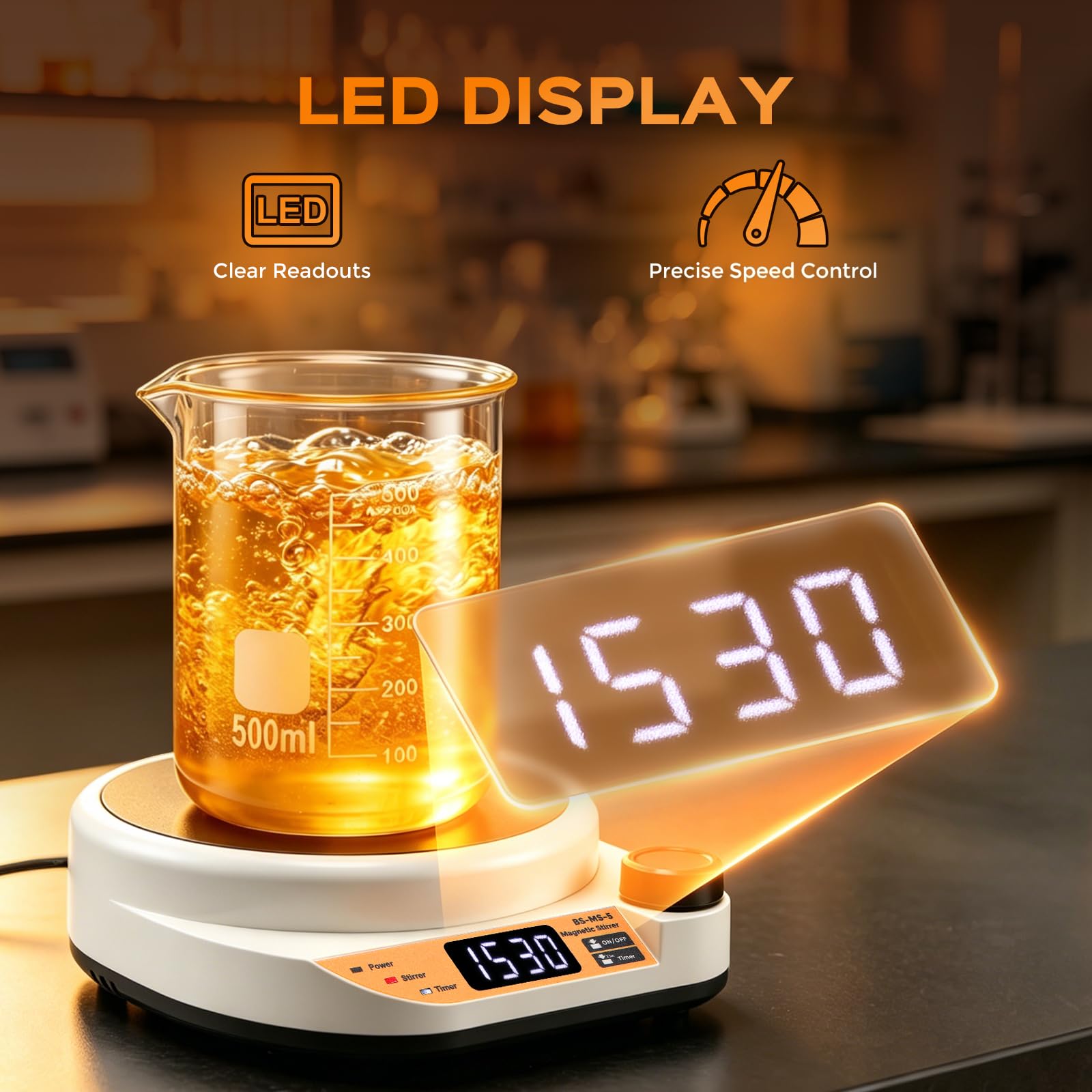 Bonvoisin Magnetrührer 5L Kapazität, 200–2000 U/Min, 130 mm Platte, Labormischer mit Bürstenlosem Motor, 0–99H 59Min Timer, LED-Drehzahlanzeige, Inklusive 2 Rührstäbe