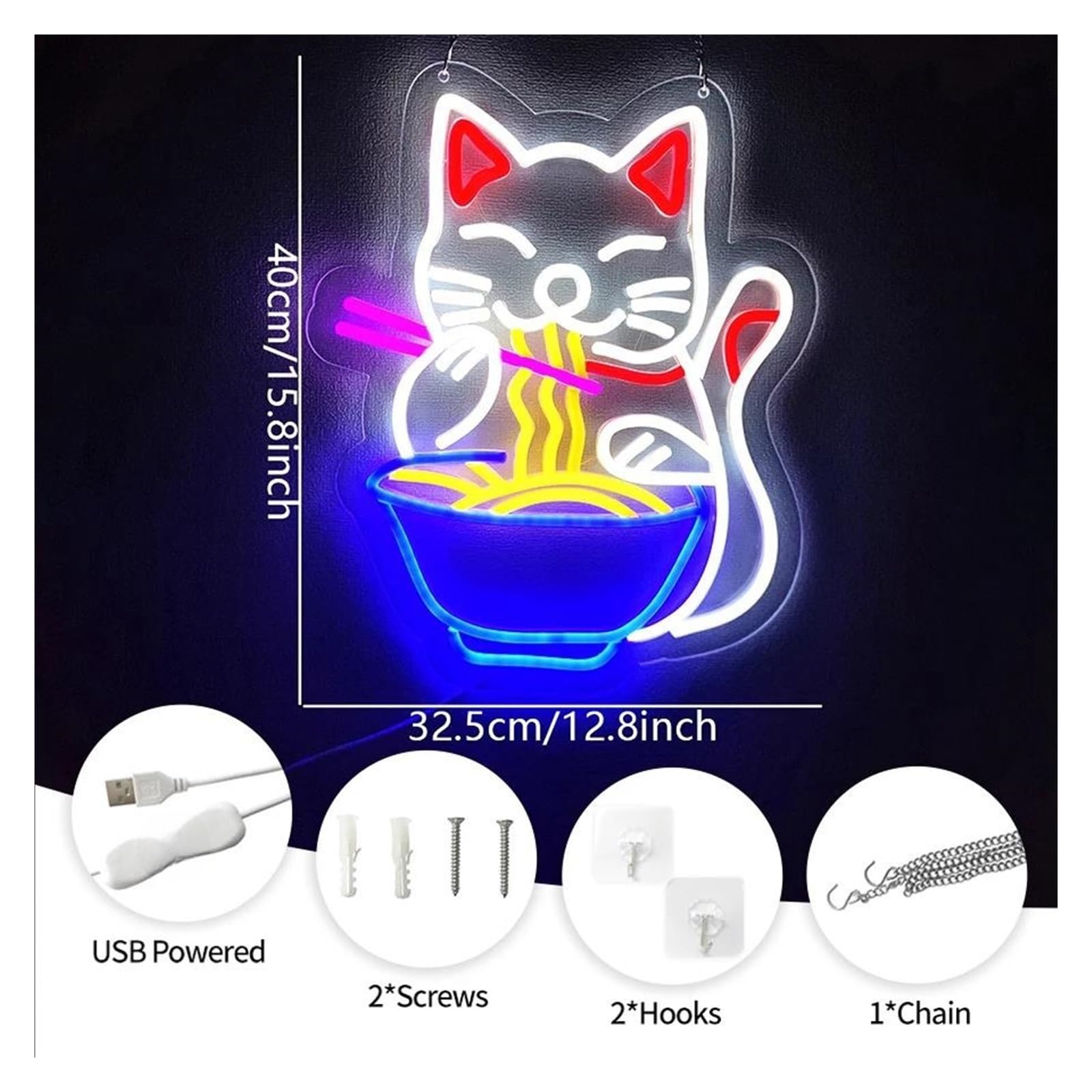 Décor Mural Lumière Enseigne Au Néon Ramen Chat Fortune Pour Décoration Murale, Lumières Néon Chat Alimentées Par USB, Utilisées Pour La Décoration De Cuisine Magasin 32.5cm×40cm