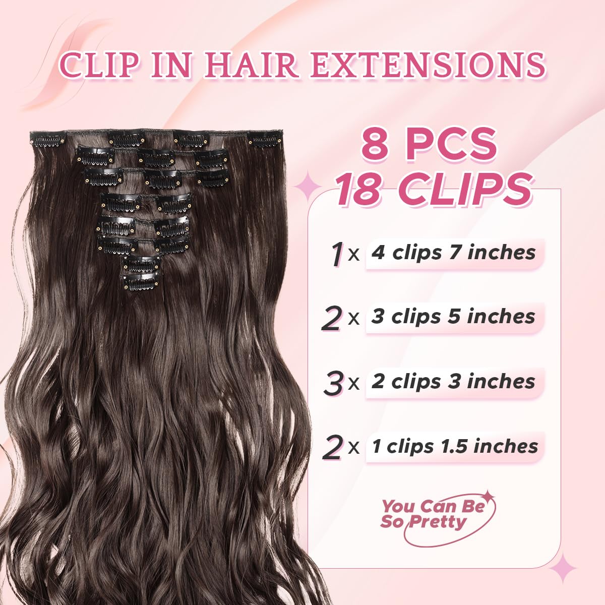 SEGO Pro Clip in Hair Extensions 8 Pcs 18 Clips Full Head Synthetic Fiber Hair Pieces for Women Curly 17 Inch (Dark Brown) - Image 2