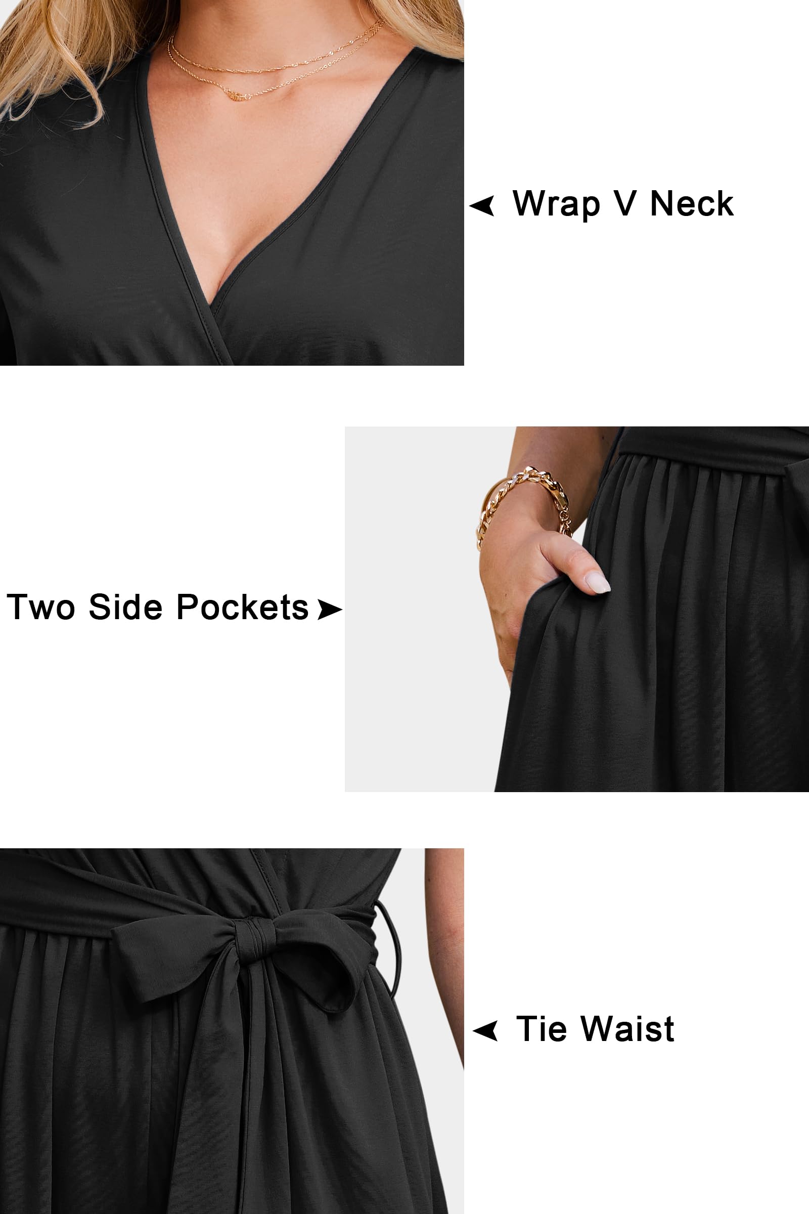 OUGES Jumpsuit Damen Sommer Elegant Overall Lang Playsuit Kurzarm Casual Hosenanzug mit Taschen
