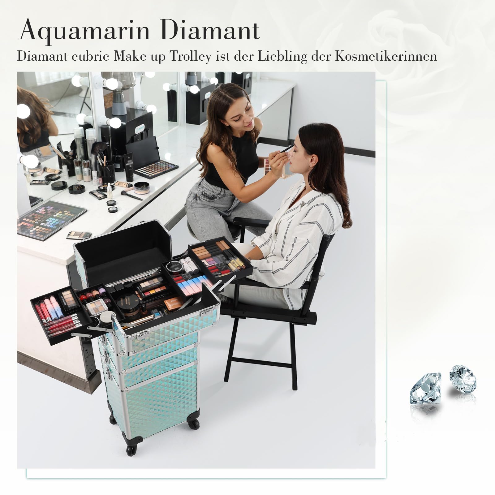 Kosmetikkoffer Trolley 4-in-1 Groß Make up Koffer mit Rollen Alu Beauty Case Aquamarin
