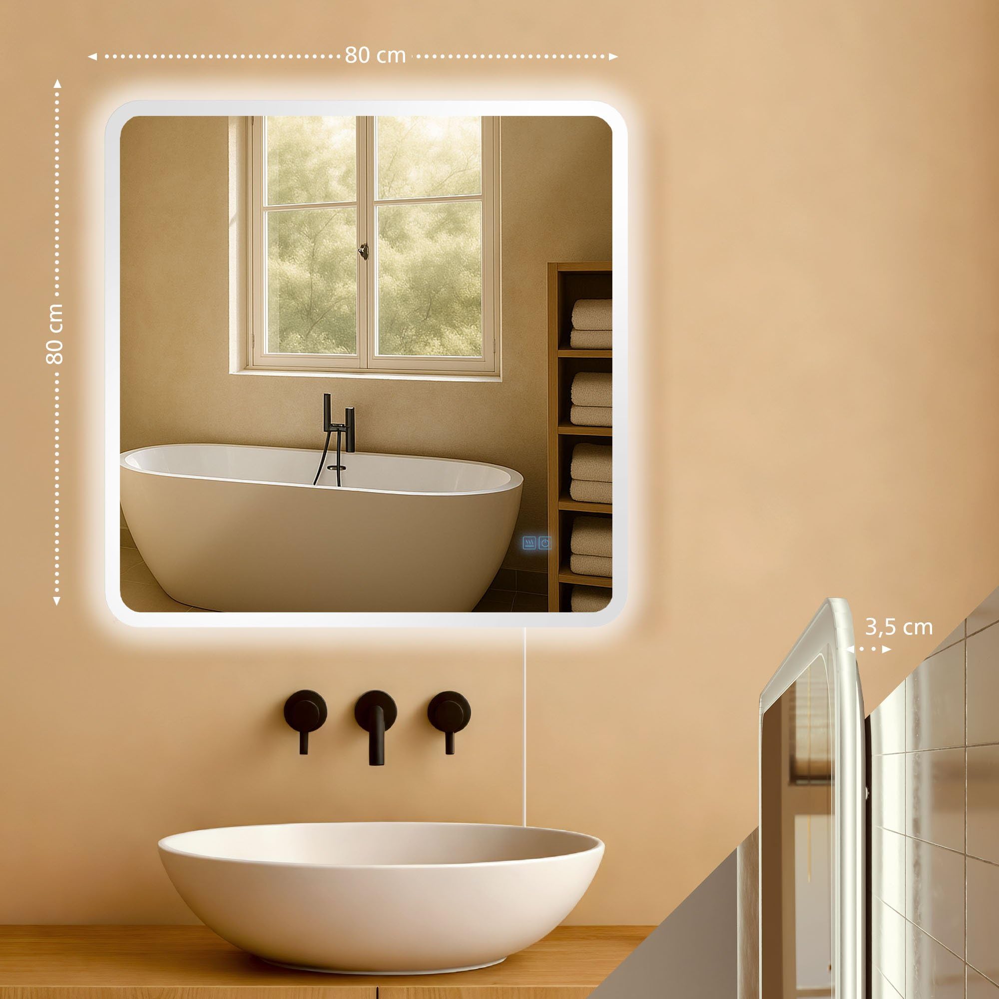 CLP Specchio da bagno Jericho con illuminazione, specchio da bagno antiappannamento, specchio da parete con luce LED, dimmerabile, Dimensione:80x80 cm