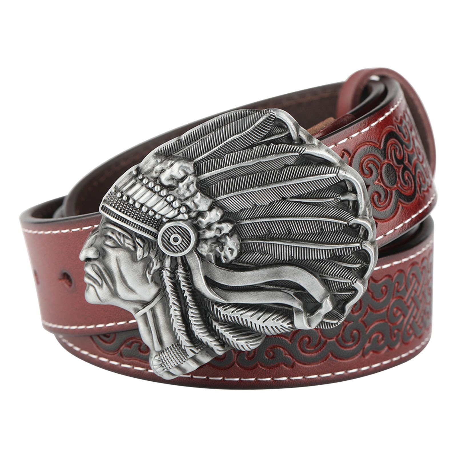 Wrjahcg Unisex Reddish Brown Cowboy Western Belts For Men, Leather Buckle Belts, Men's Novelty Belt, Native American Head Embossed Leather Belt Smooth Buckle Men's Belt, For Dress Ripped Jeans,,130Cm/51.2''