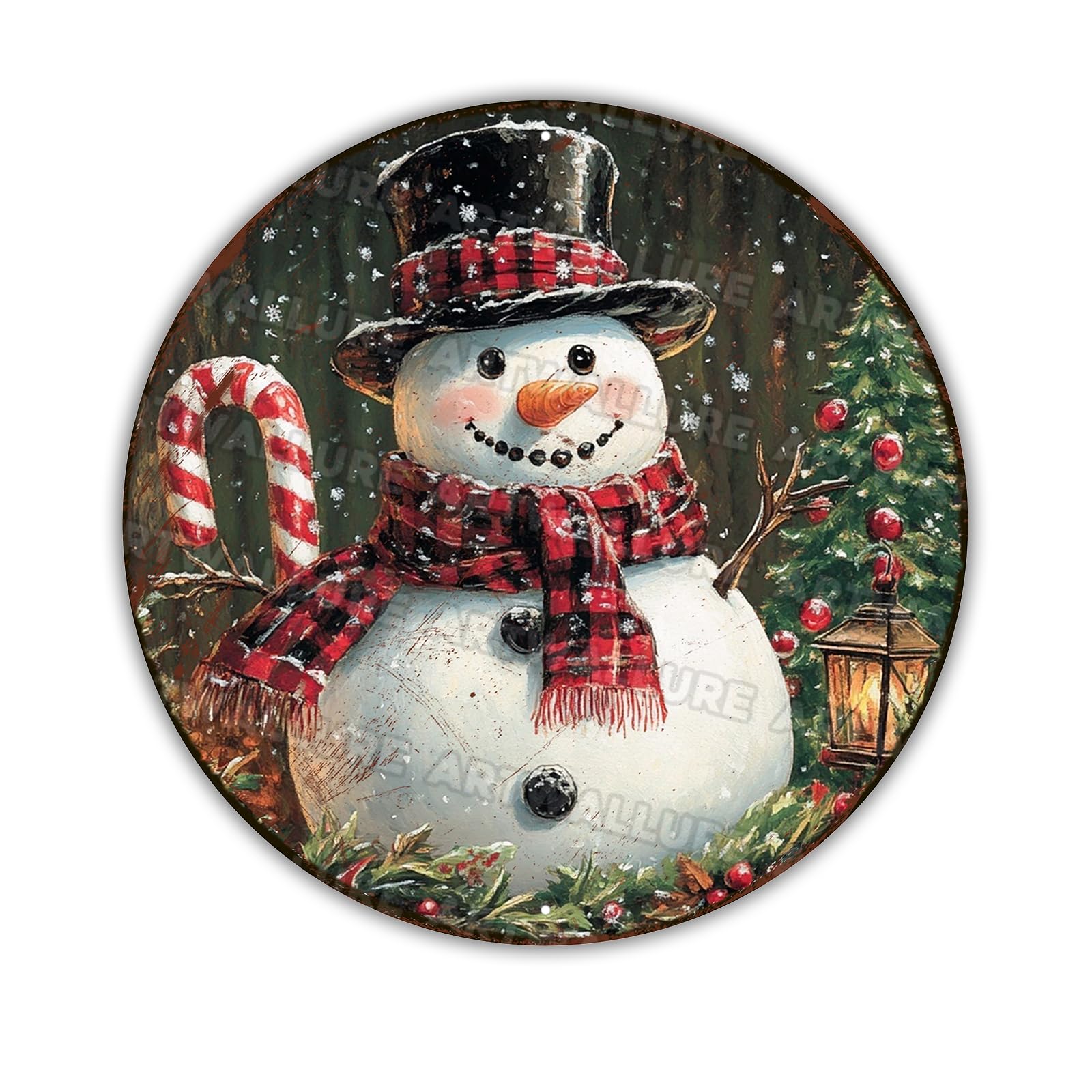 Christmas Snowman Winter Wreath Round Metal Sign, Circular Wall Decor for Living Room Above Fireplace and Festive Christmas Entryway Displays 8x8Inch