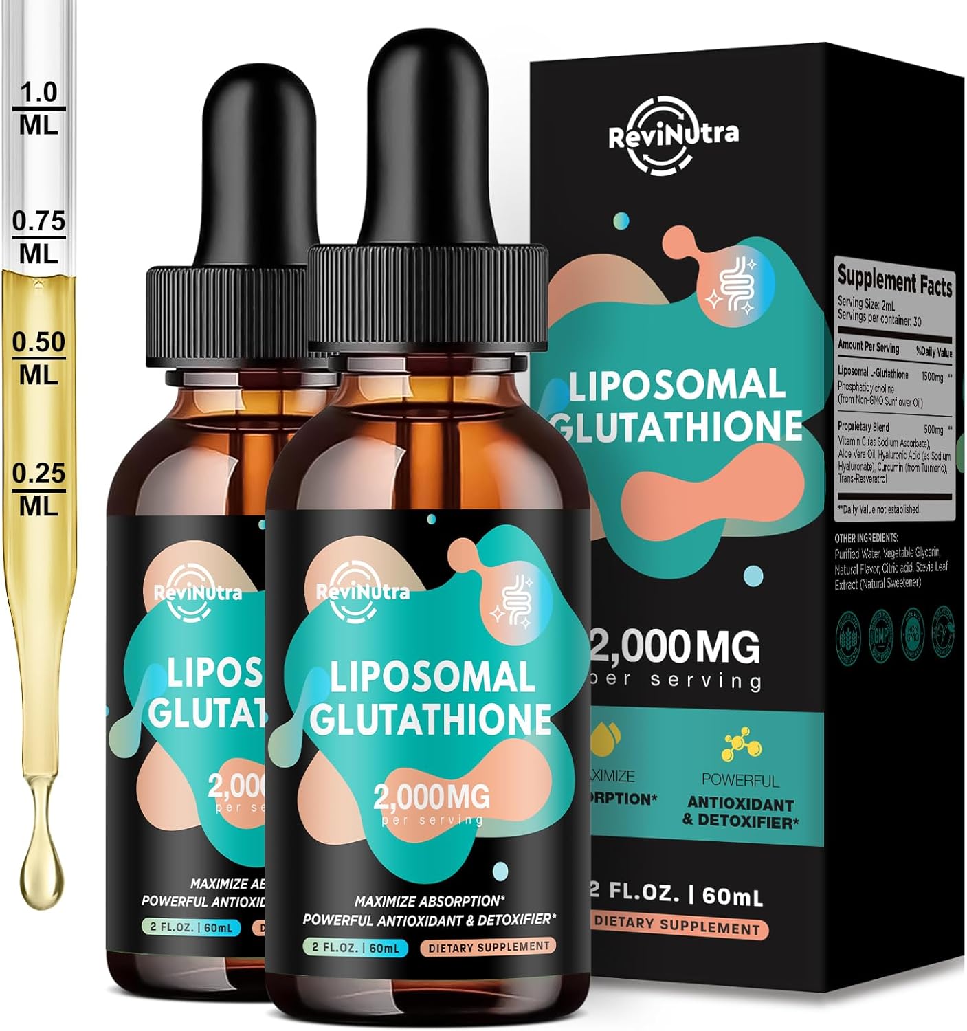 2 Pack Liposomal Glutathione Supplement - 2000mg Glutathione Liquid Drops with Vitamin C, Curcumin & Trans-Resveratrol - Powerful Antioxidant for Immune, Skin Health, Aging Defense & Liver Detox