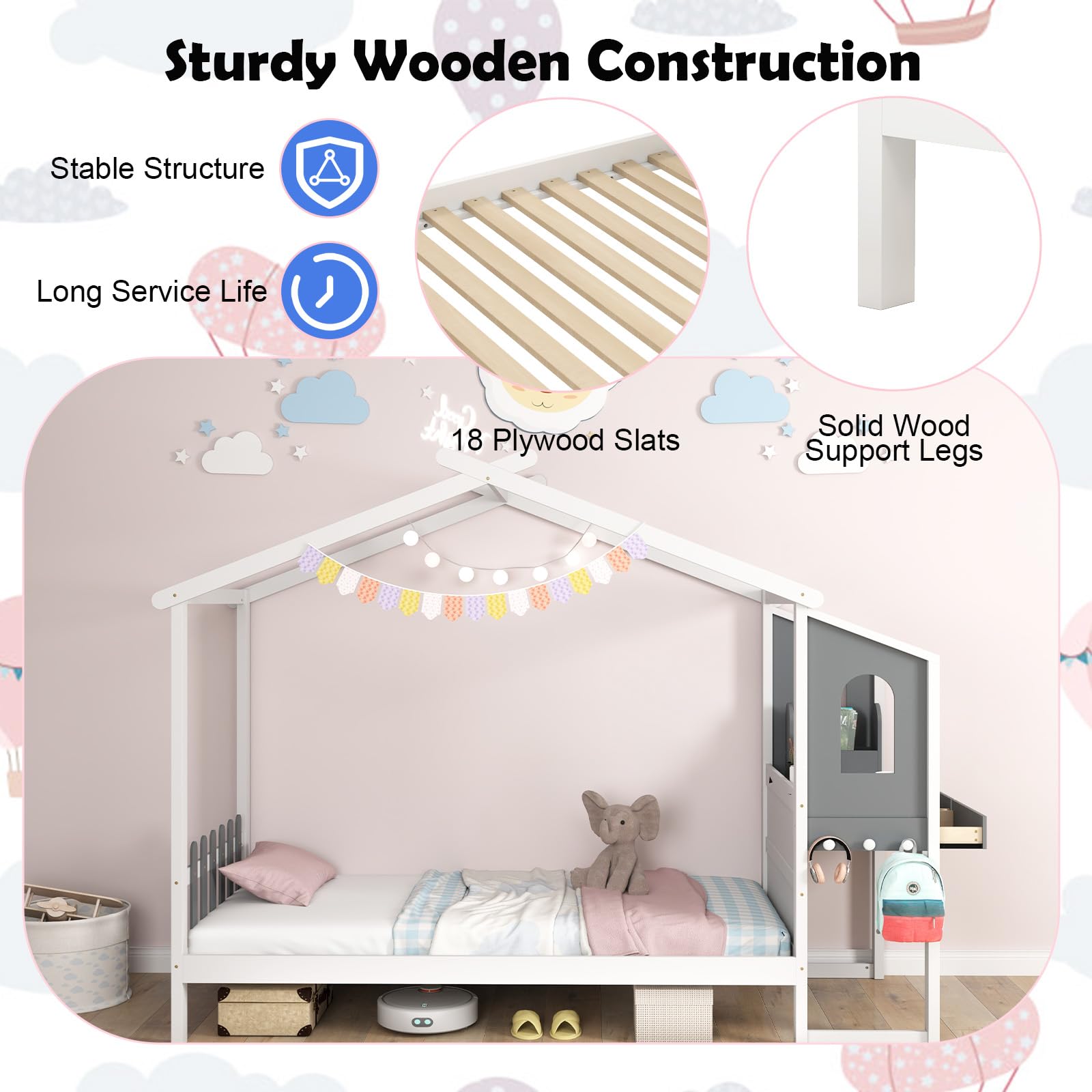 LIFEZEAL 200 x 90 cm Kinderbett mit Schreibtisch, Hausbett mit 2 Schubladen für Kinder & Jugendliche, Jugendbett mit Beine aus Massivholz, Holzbett bis zu 150kg