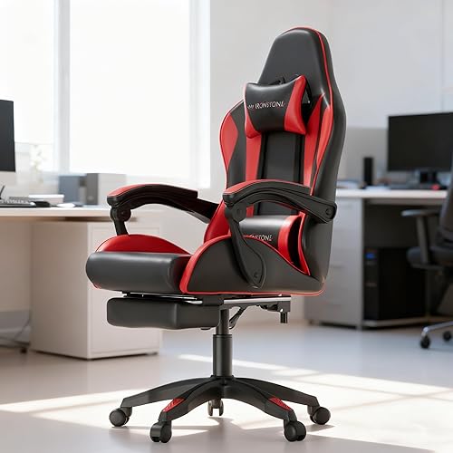 Miniatura 9 de Mr IRONSTONE Silla para videojuegos, silla de computadora con soporte lumbar de masaje y reposapiés ajustable en altura, silla de juego con asiento