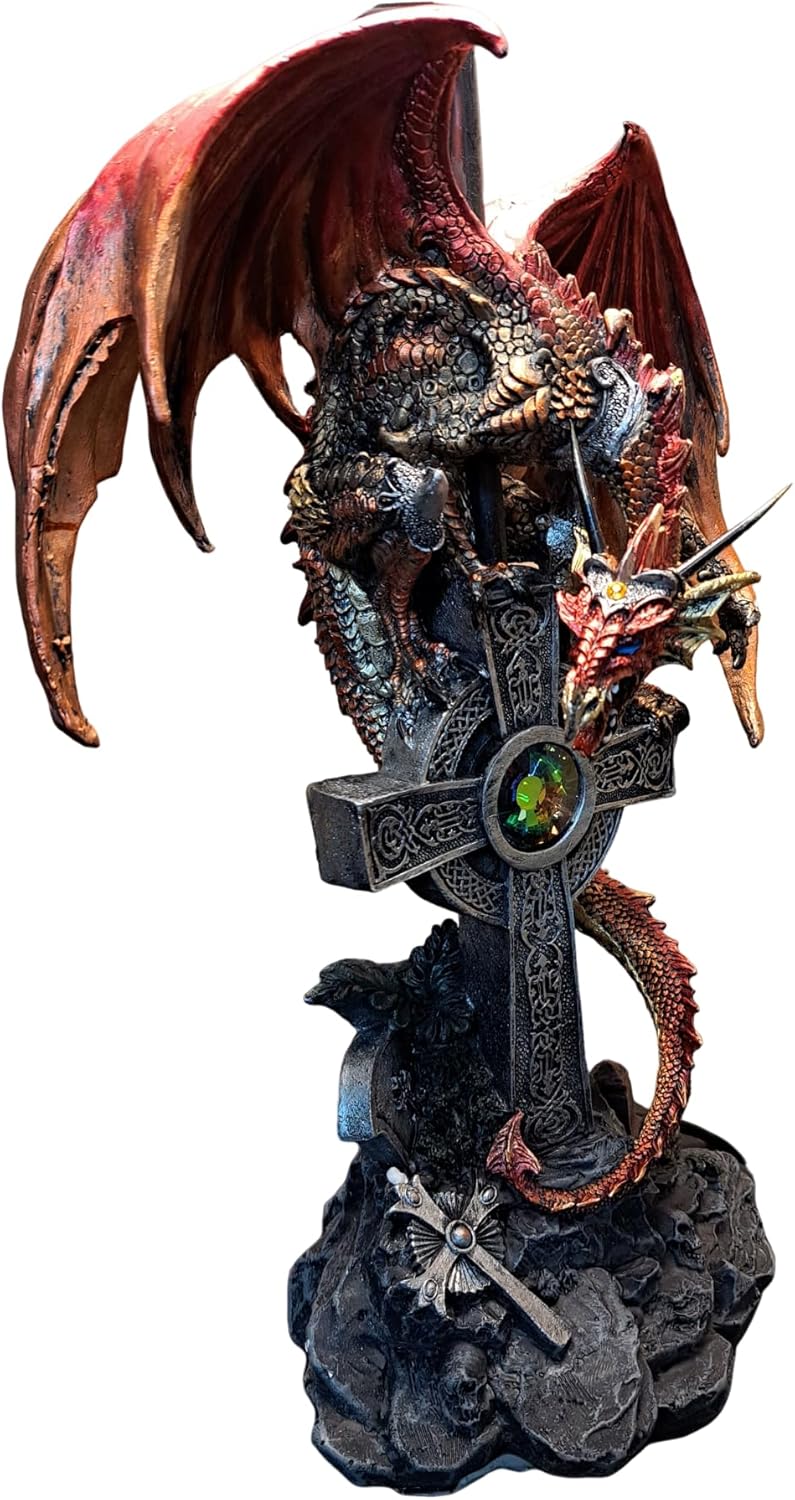 ICE Armor 24.5" Fantasy Collectible Dragon Statue Table Lamp Wrap Around Cross with Fabric Light Shade for Gothic and Medieval Décor (71791Red)