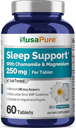 NusaPure Apoyo para dormir con manzanilla y magnesio 250 mg 60 por comprimidos vegetarianovegano, sin OMG
