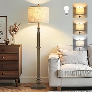 EJIAXIN Floor Lamps for Living Room - 60" Farmhouse Floor Lamp with Adjustable Color Temperatures - Vintage Standing Lamp Reading Light with Linen Shade Retro Tall Lamp for Bedroom Office, Grey
