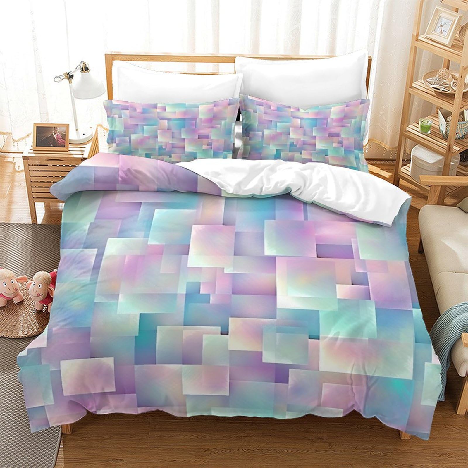 P1S9U7W5Y Gradient Mosaic 3D Printed Duvet Cover Set 3pcs Microfiber Geometric Block Bedding Set Double（200x200cm）