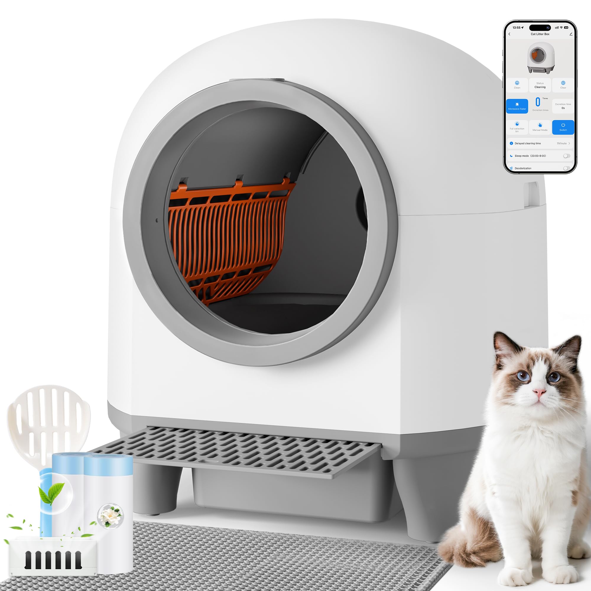Devoko Lettiera Gatto Autopulente Con APP, Capacità 90 L e Cassetta Rifiuti 8.5L Per Una Settimana, Con Profumatore E Sensore Radar, Ideale Come Lettiera Autopulente Per Gatti Per Famiglie Con Gatti.