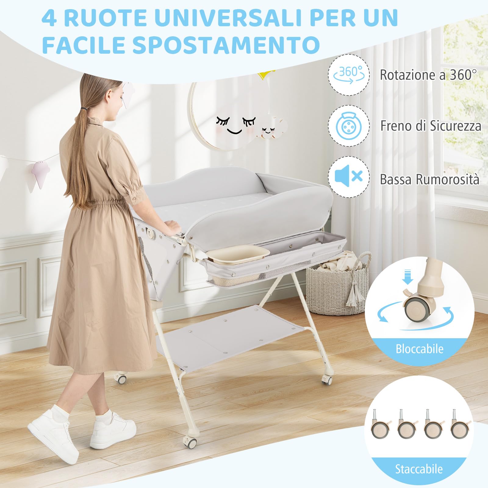 Costway Fasciatoio Pieghevole Neonato Portatile con Altezza Regolabile 3 Livelli, Grigio