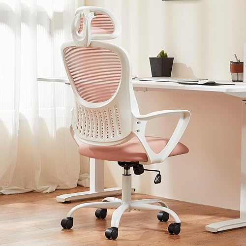 Vista 9 de Sweetcrispy Silla de escritorio para computadora de oficina, ergonómica, con respaldo alto, de malla, con ruedas y reposacabezas ajustables, cómodo