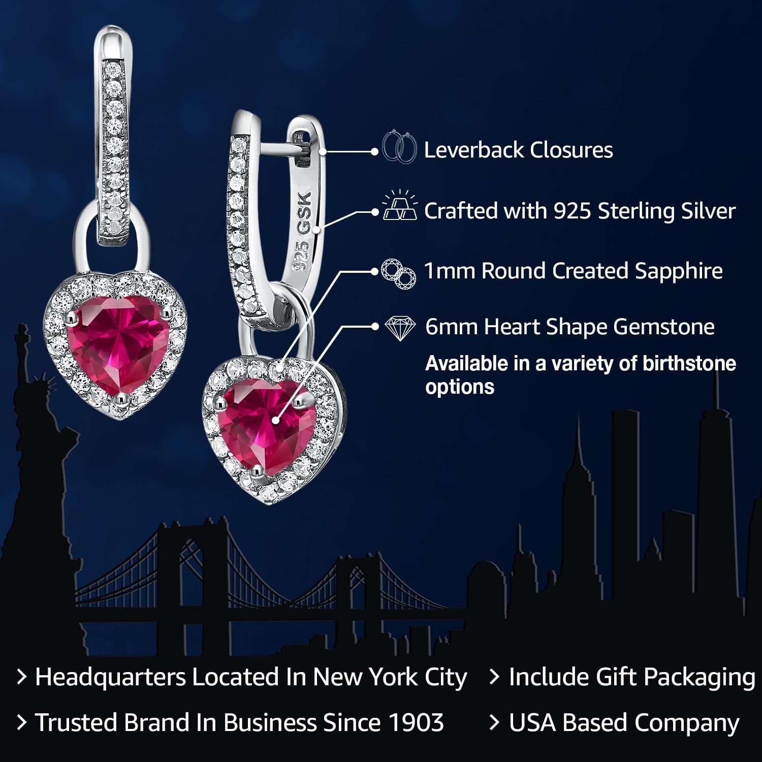 Gem Stone King 6MM Heart Shape Gemstone Birthstone and White Created Sapphire Heart Earrings | 925 Sterling Silver | Drop Dangle Earrings for Women
