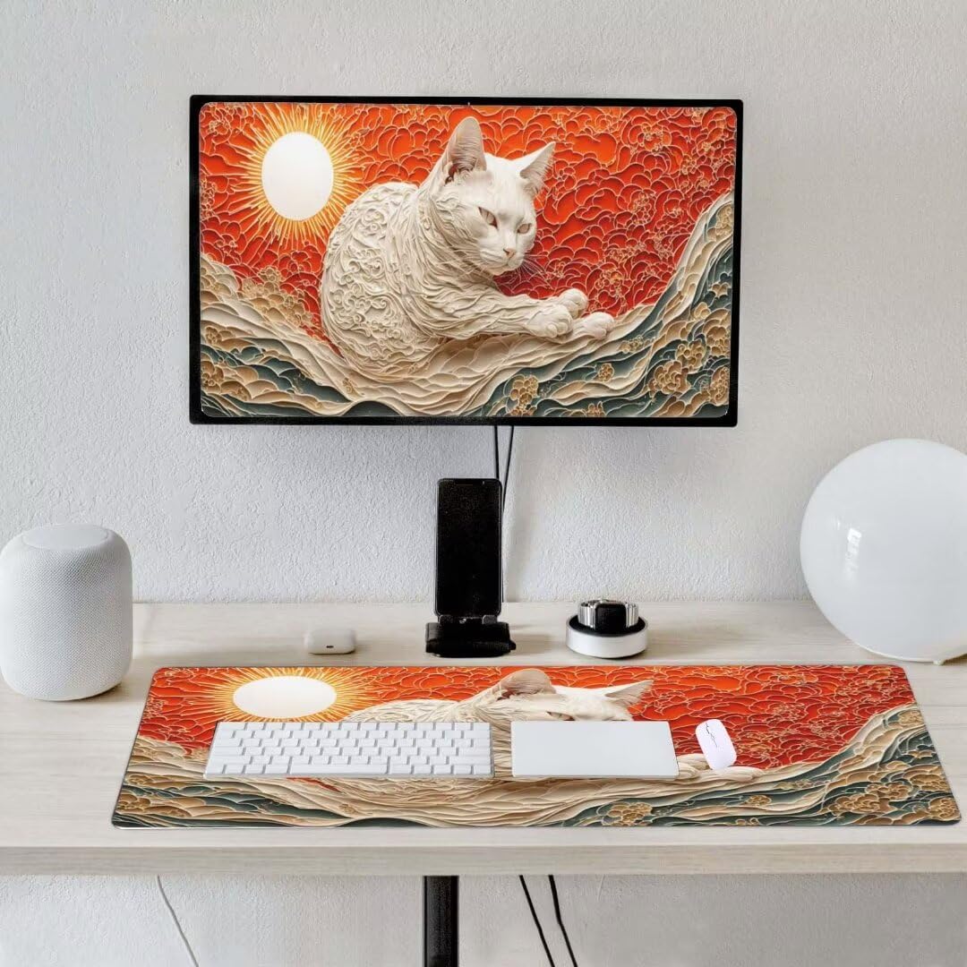 Alfombrilla de ratón 1400x600x3 MM, Alfombrilla Ratón XXL Extendida de Gran Tamaño con Bordes Cosidos, Base de Goma Antideslizante Almohadilla para Teclado, Gatos japoneses S-10595