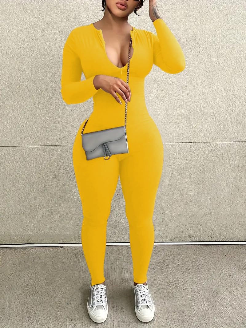 YeGine Women Long Sleeve Bodycon Jumpsuit Sexy Rompers One Piece Zip Up jumpsuits - Image 4