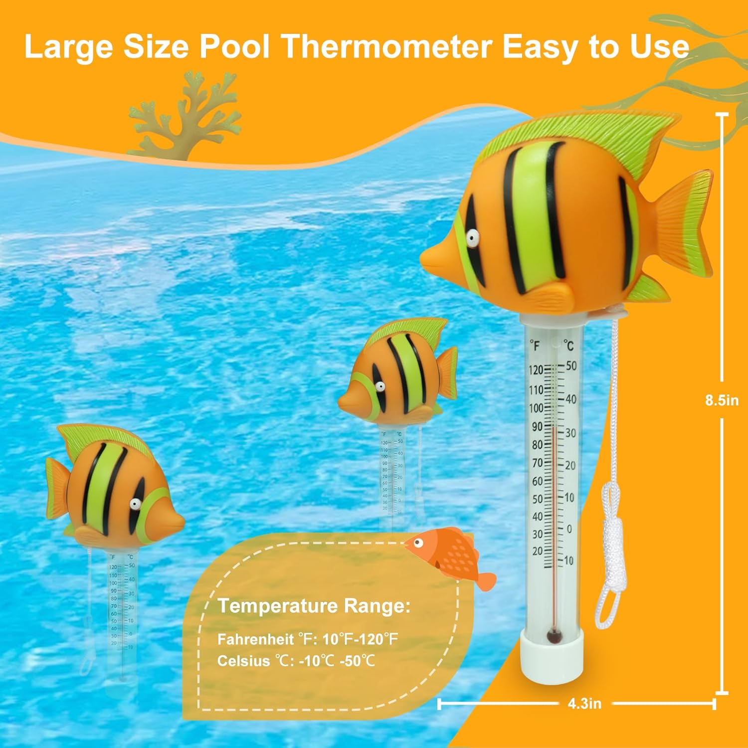 KingSom Floating Pool Thermometer, Large Size Easy Read Water Temperature Thermometers,Pro Swimming Pool thermometer with String, Hot Tub Thermometer,Floating Cute Fish Thermometers for Pond Spa - 1PC