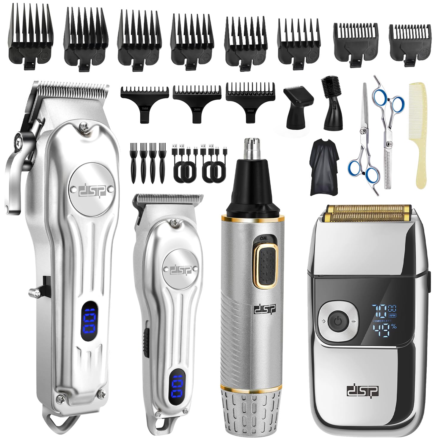 DSP 4-in-1 Pro Barber Kit: Cordless Hair Clipper, Trimmer, Shaver & Nose Hair Remover - Styling & Grooming Set with Scissors, Fade Tools, LED Display