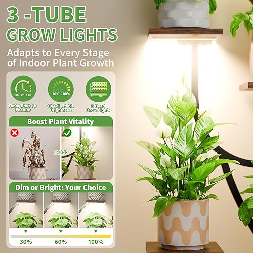 Miniatura 8 de POZILAN Soporte para plantas con luz de crecimiento, 8 soportes de esquina para plantas de interior múltiples, estante de metal iluminado de 51