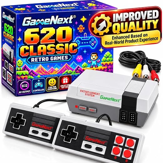 GameNext Retro Game Console with 620 Built-in Games, Classic Video Game Console with 2 Wired Controllers, Plug and Play Retro Gaming System with AV Output for TV