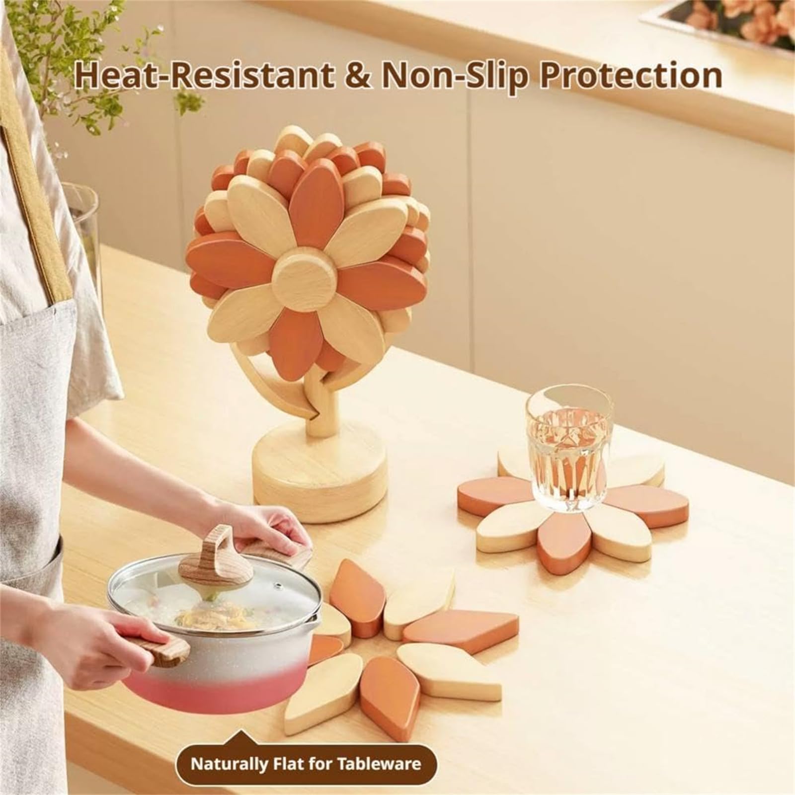 sous-Plats en Bois en Forme de Tournesol pour Plats Chauds (#E)