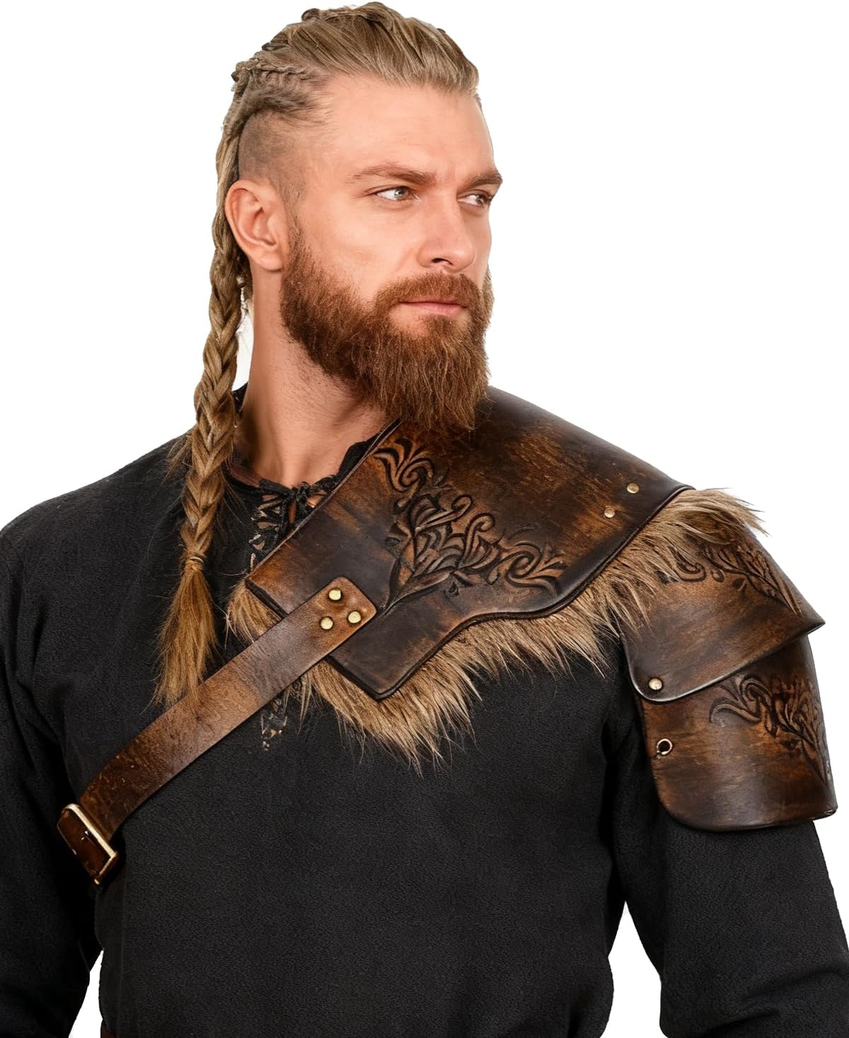 L'VOW Men Medieval Fur Shoulder Armor Adjustable Warrior Viking Leather Armor for Halloween LARP Cosplay - Image 4