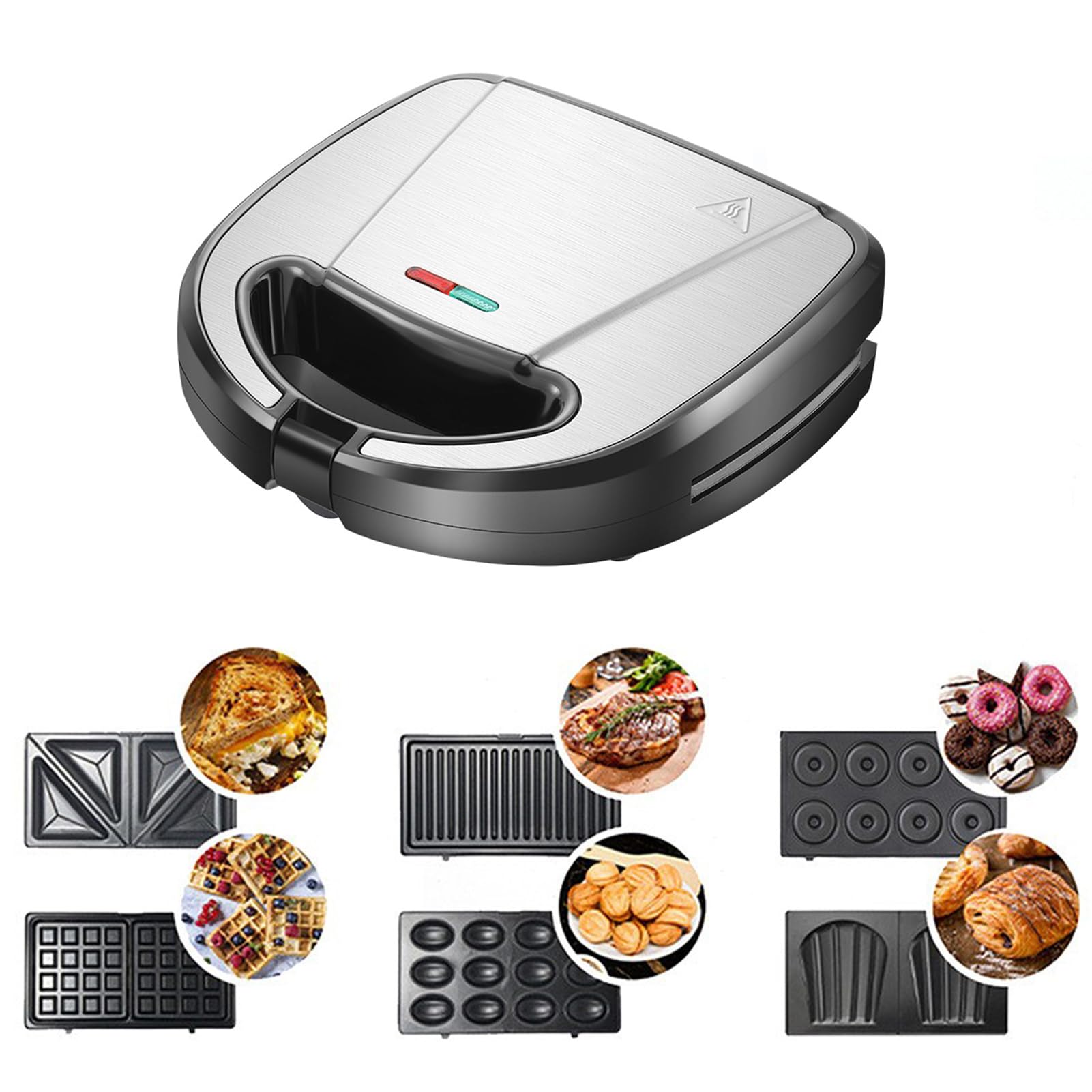 6 in 1 Mini Waffle Maker with Removable Non-Stick Plates, Donut Sandwich Cookie Breakfast Maker, Dual-Sided Heating Electric Panini Press for Toast & Grilled Cheese