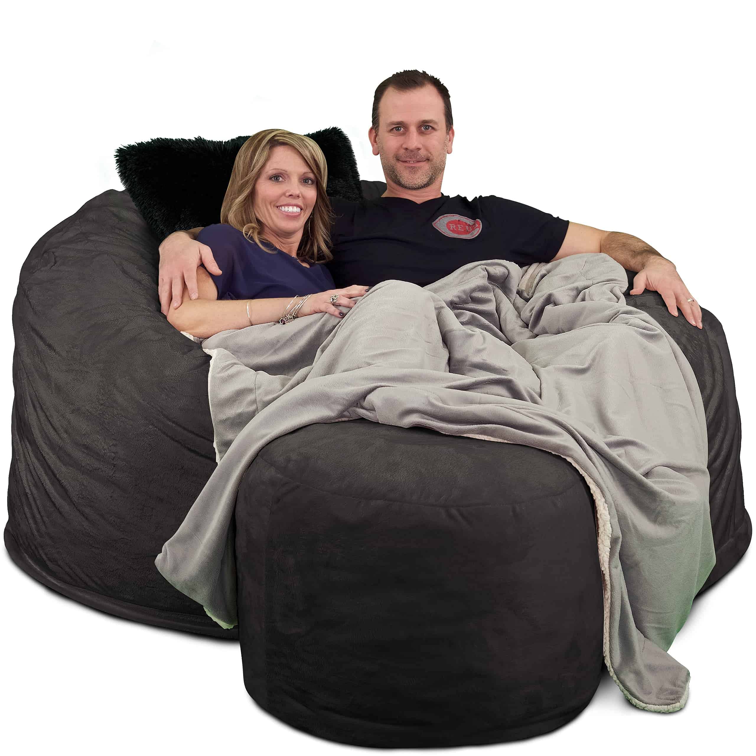 ULTIMATE SACK Bundle Bean Bag Chair: Includes a Foot Stool, Grey Blanket, & Black Throw Pillow, and Colors. Giant Foam-Filled Furniture - Machine Washable Covers. (Grey Suede, 5000)